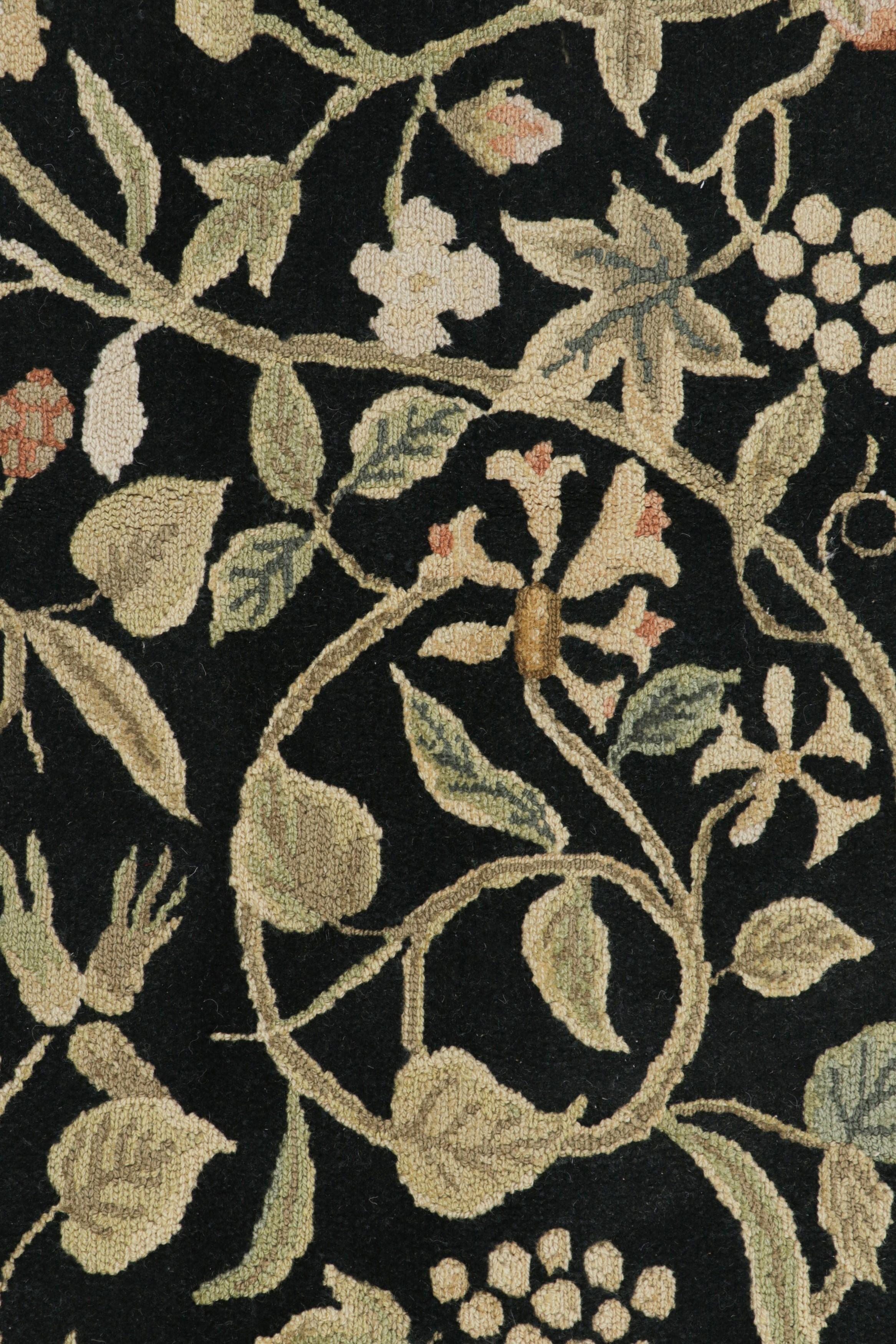 Contemporary Rug & Kilim’s European Tudor Style Rug in Black with Green and Beige Florals For Sale