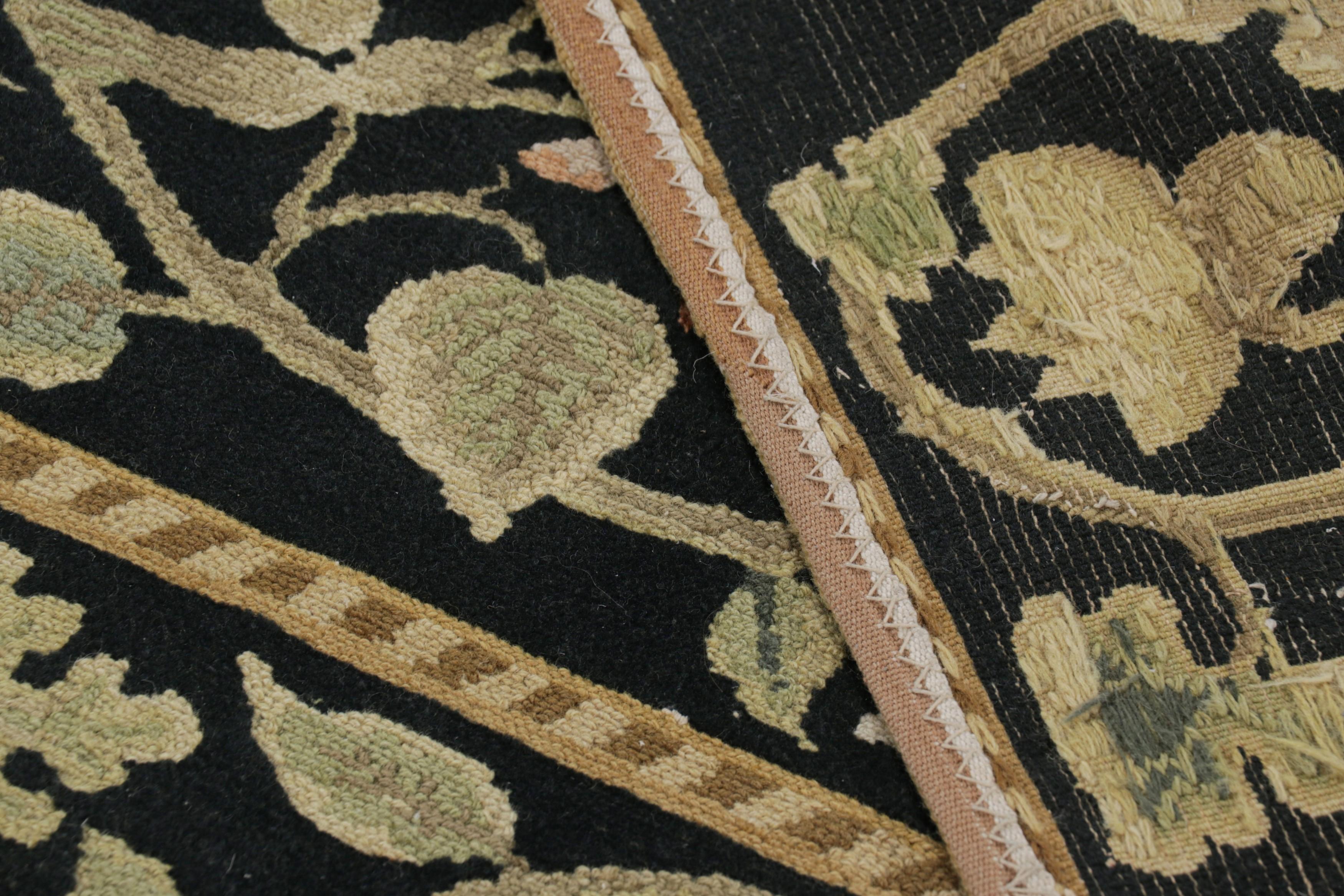 Wool Rug & Kilim’s European Tudor Style Rug in Black with Green and Beige Florals For Sale