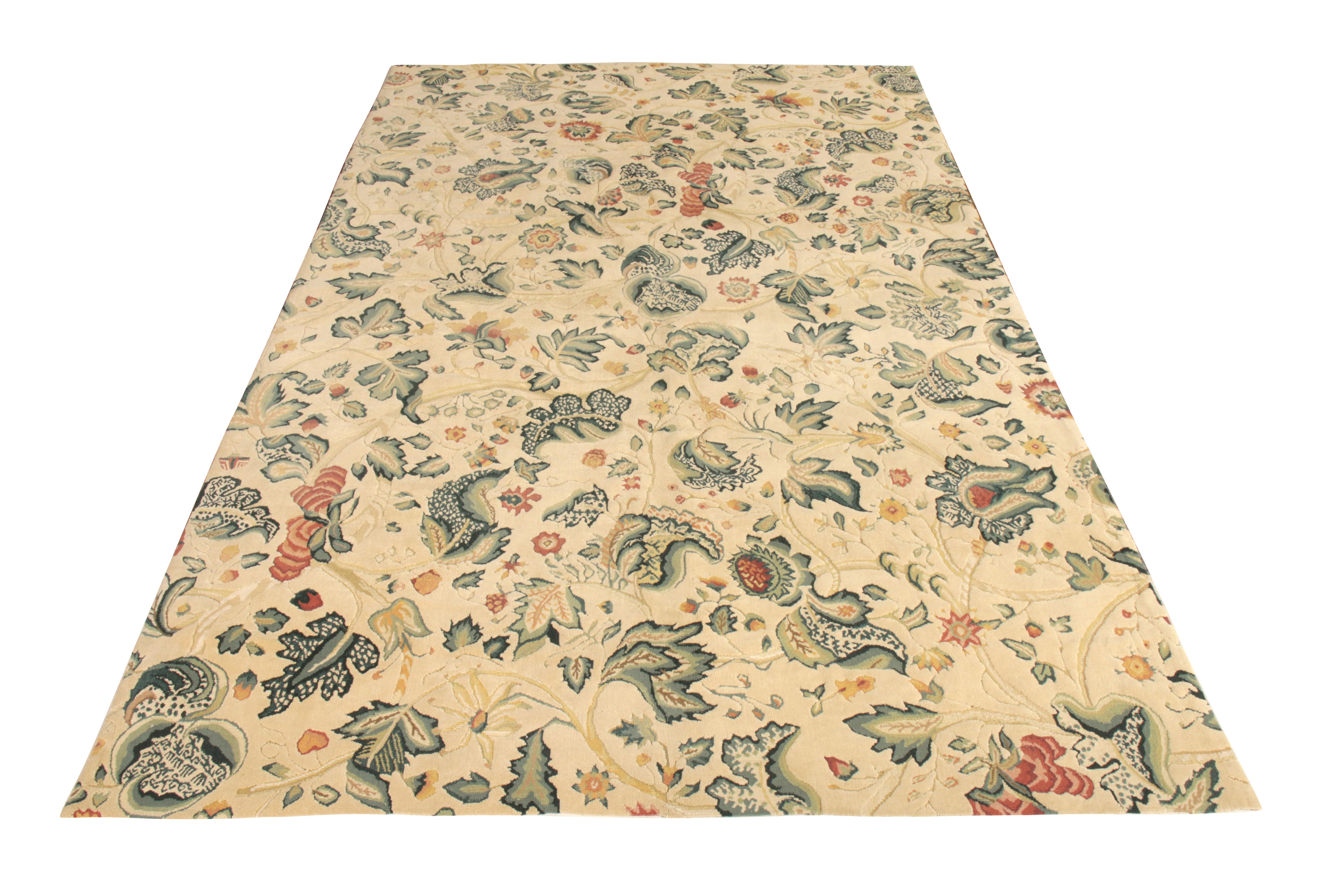 Rug & Kilim welcomes this ostentatious creation to its European Cllection. The rug features a tasteful floral design that blends Tudor rug sensibilities into an enticing 6x10 frame of floral design in blue-green accents— imposed atop a beige-yellow