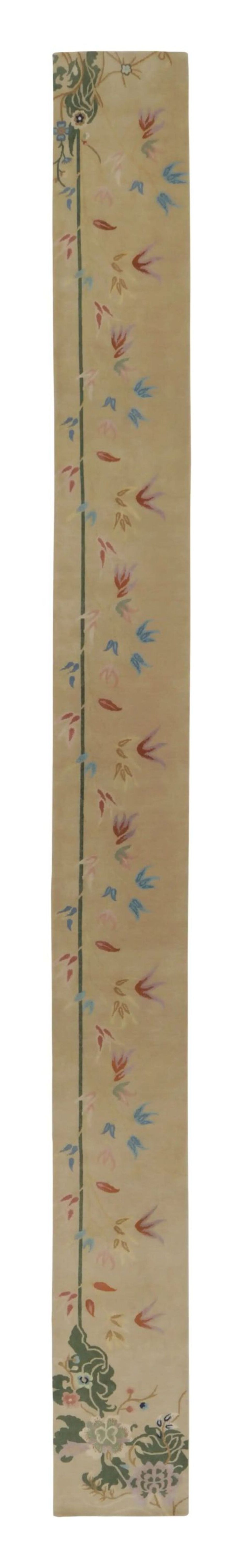 Rug & Kilim’s Extra-Long Chinese Art Deco-Style Custom Runner, Beige with Floral For Sale