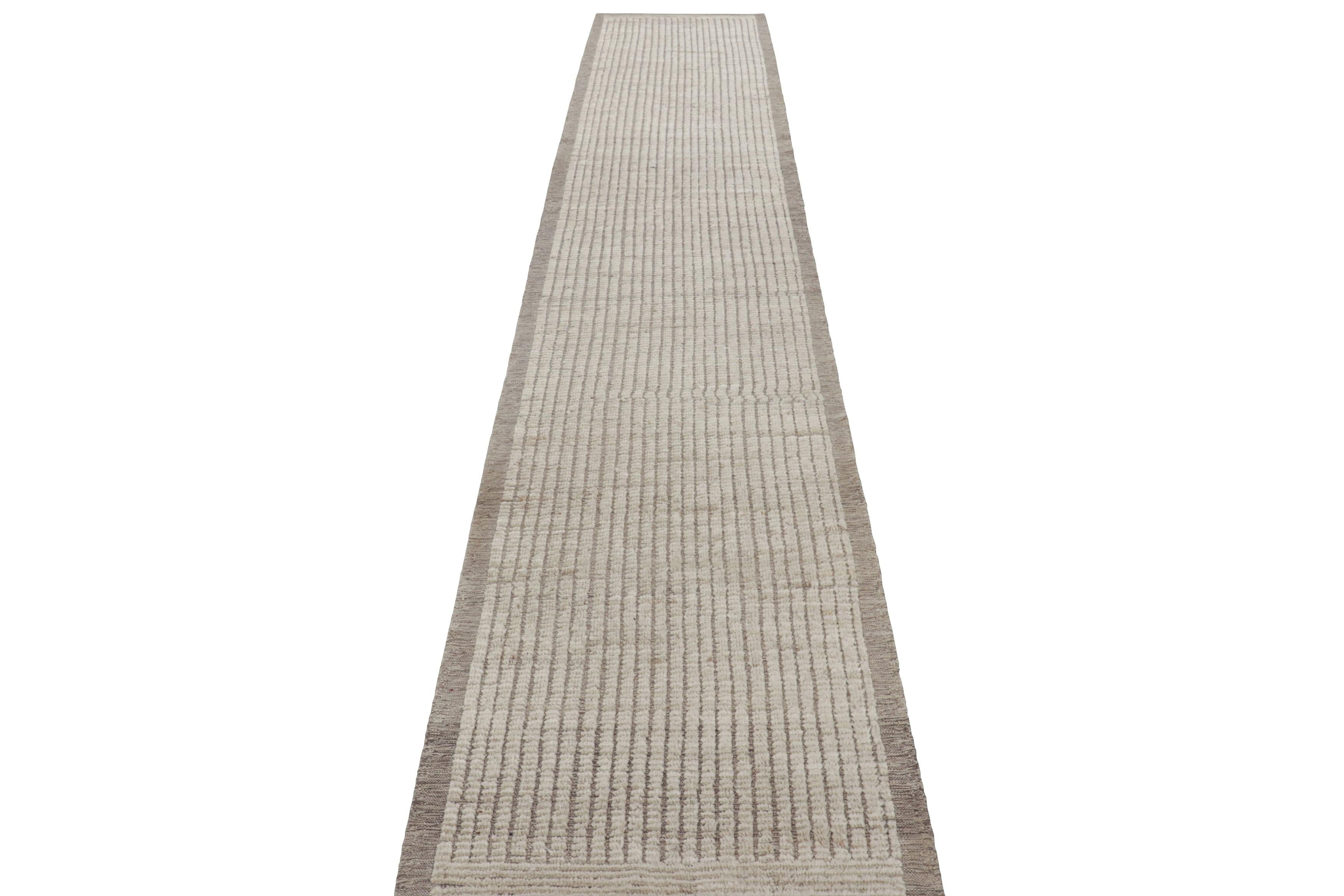 Hand-Woven Rug & Kilim’s Extra-Long Kilim Runner Rug with White Textural Stripes and Striae For Sale