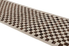 Rug & Kilim’s Extra-Long Runner Rug in Brown & White Checkered Geometric Pattern