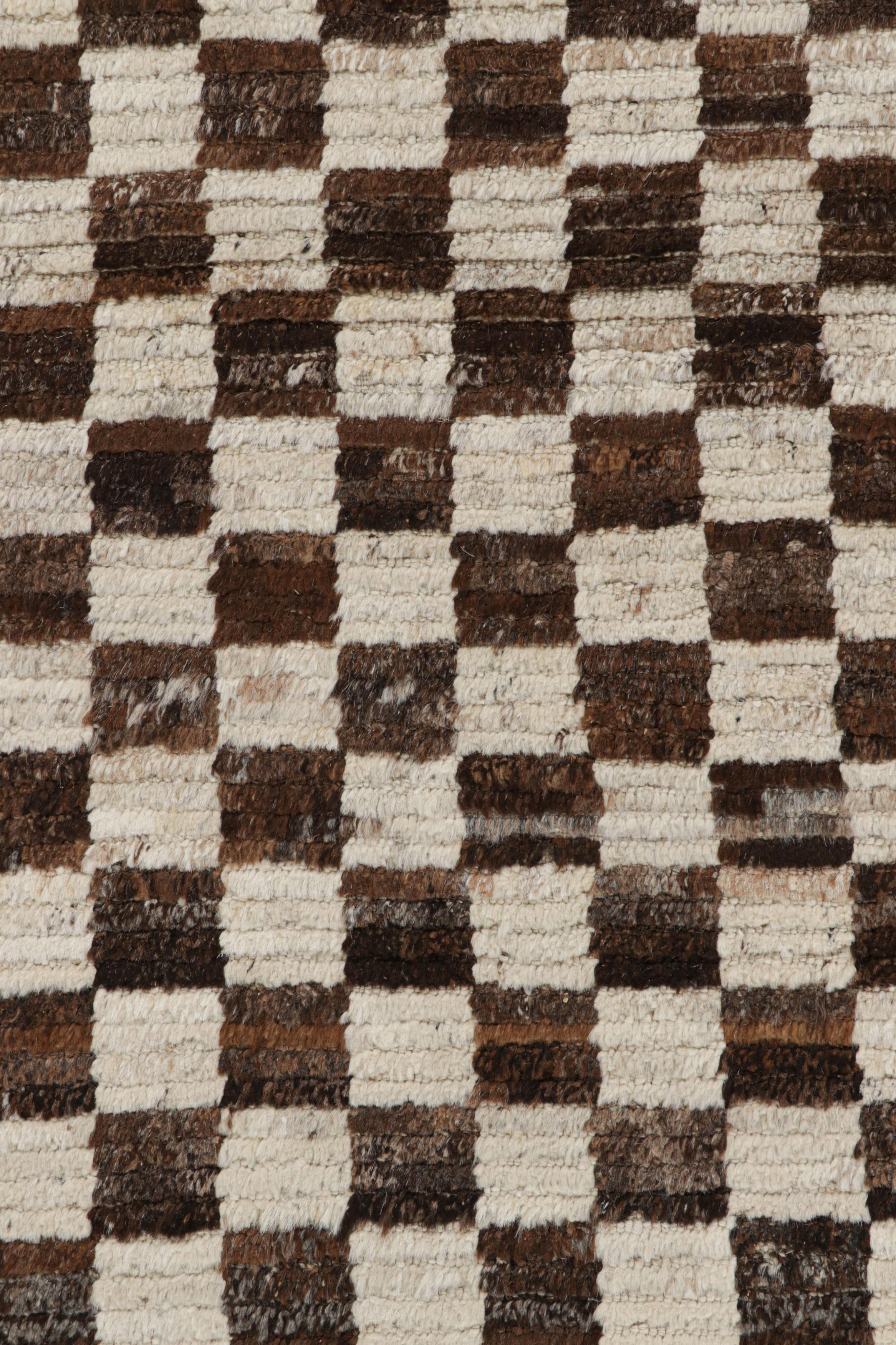 Modern Rug & Kilim’s Extra-Long Runner Rug in Brown & White Checkered Geometric Pattern For Sale