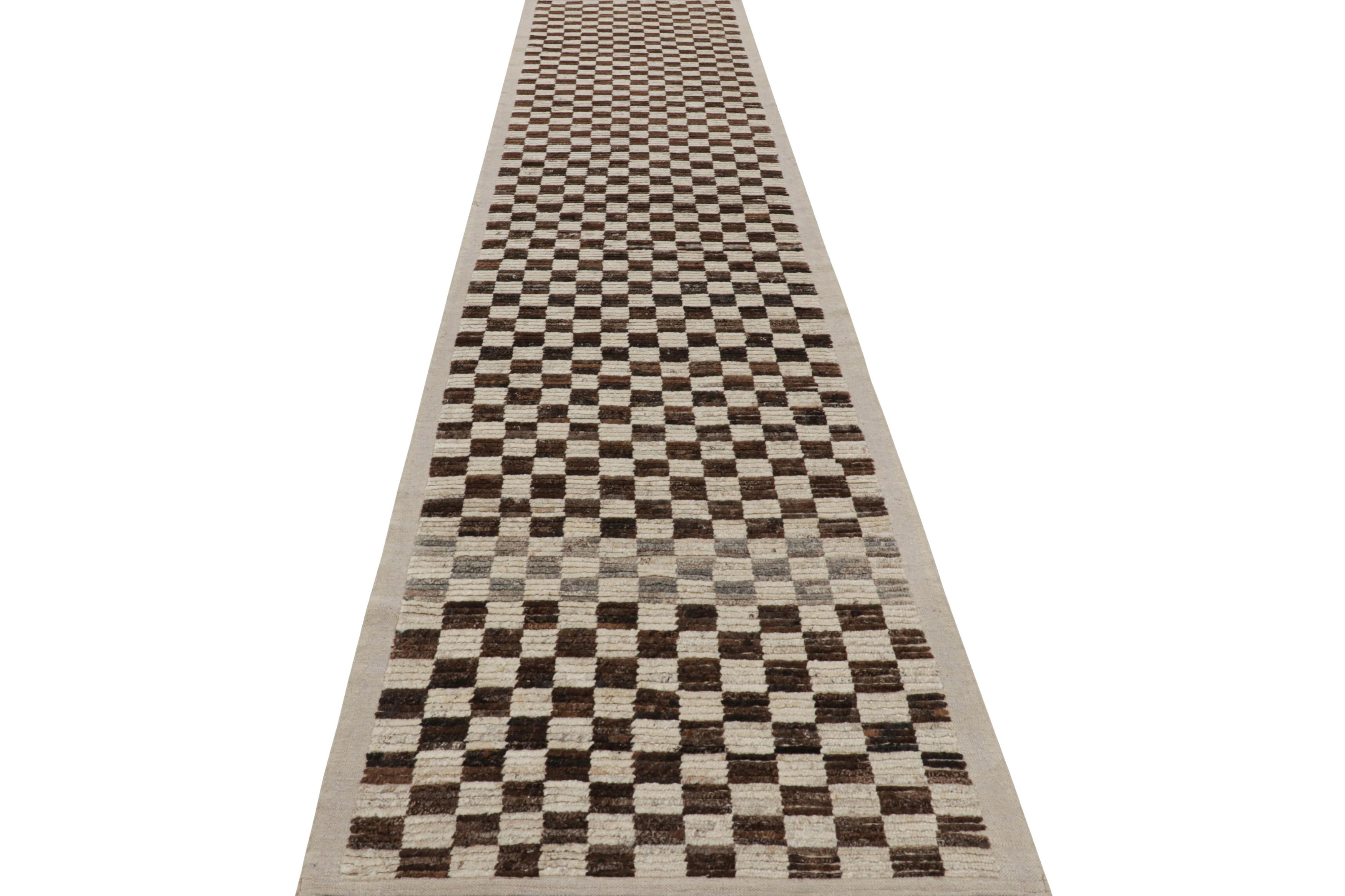 Afghan Rug & Kilim’s Extra-Long Runner Rug in Brown & White Checkered Geometric Pattern For Sale