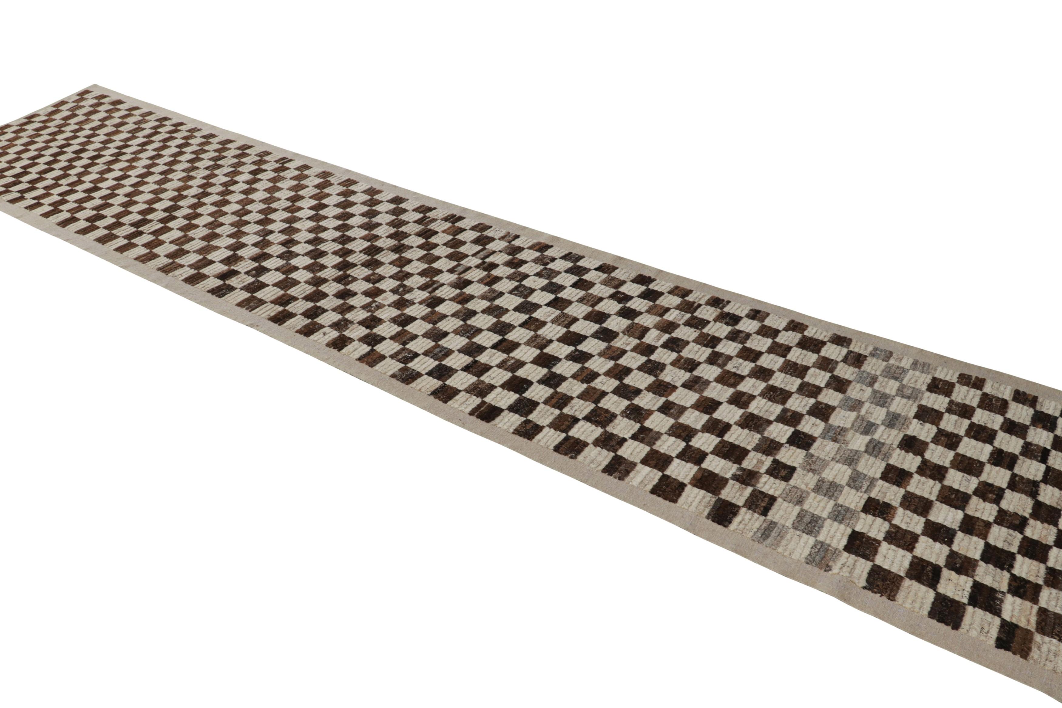 Hand-Knotted Rug & Kilim’s Extra-Long Runner Rug in Brown & White Checkered Geometric Pattern For Sale