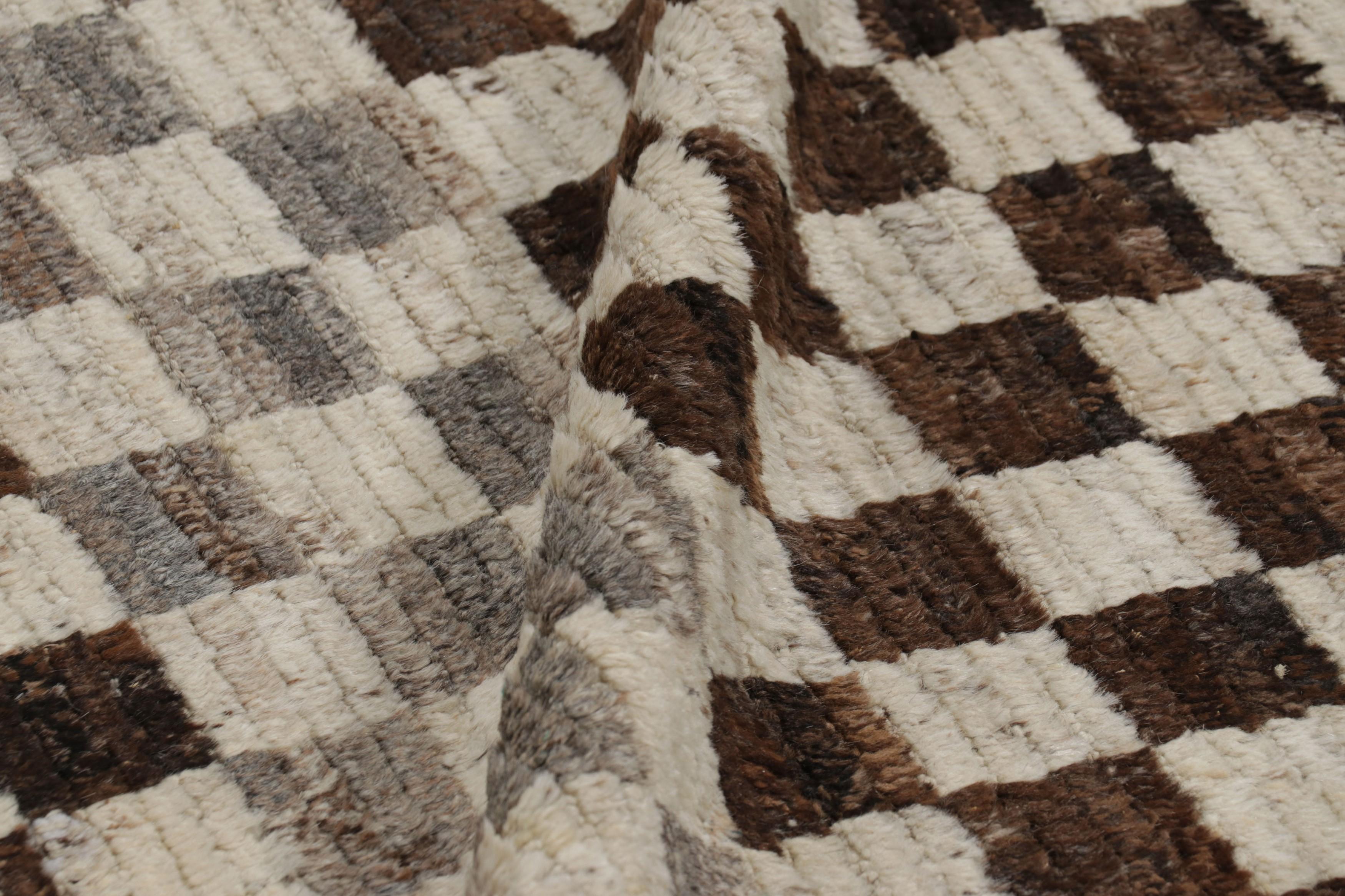 Contemporary Rug & Kilim’s Extra-Long Runner Rug in Brown & White Checkered Geometric Pattern For Sale