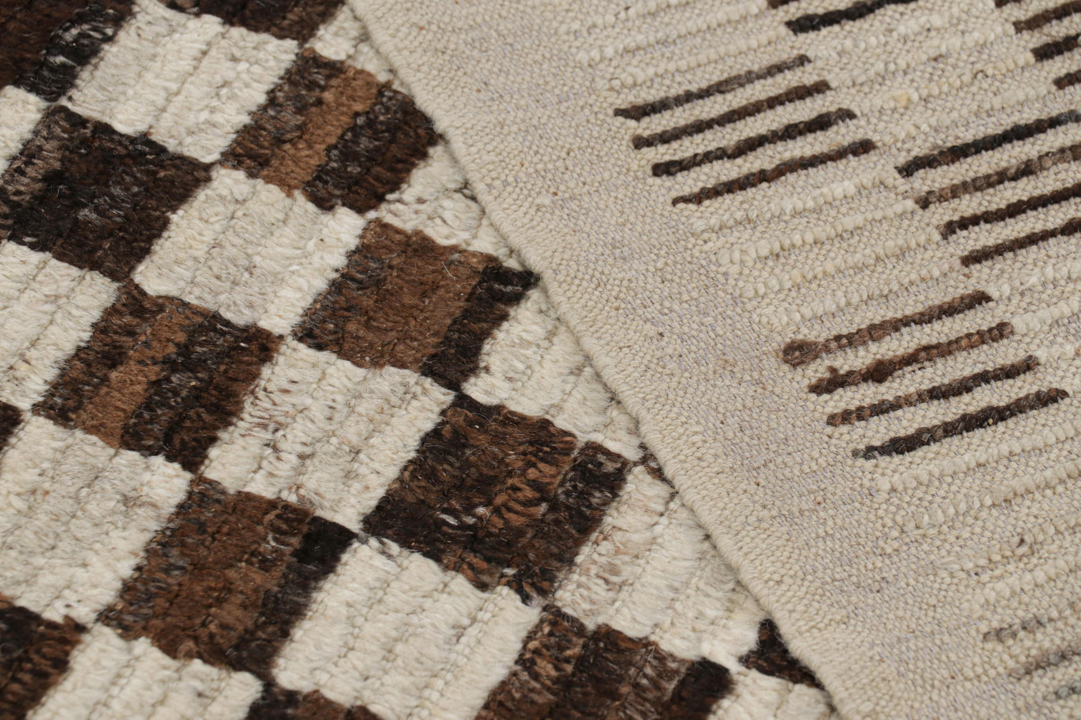 Wool Rug & Kilim’s Extra-Long Runner Rug in Brown & White Checkered Geometric Pattern For Sale