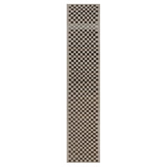 Rug & Kilim’s Extra-Long Runner Rug in Brown & White Checkered Geometric Pattern