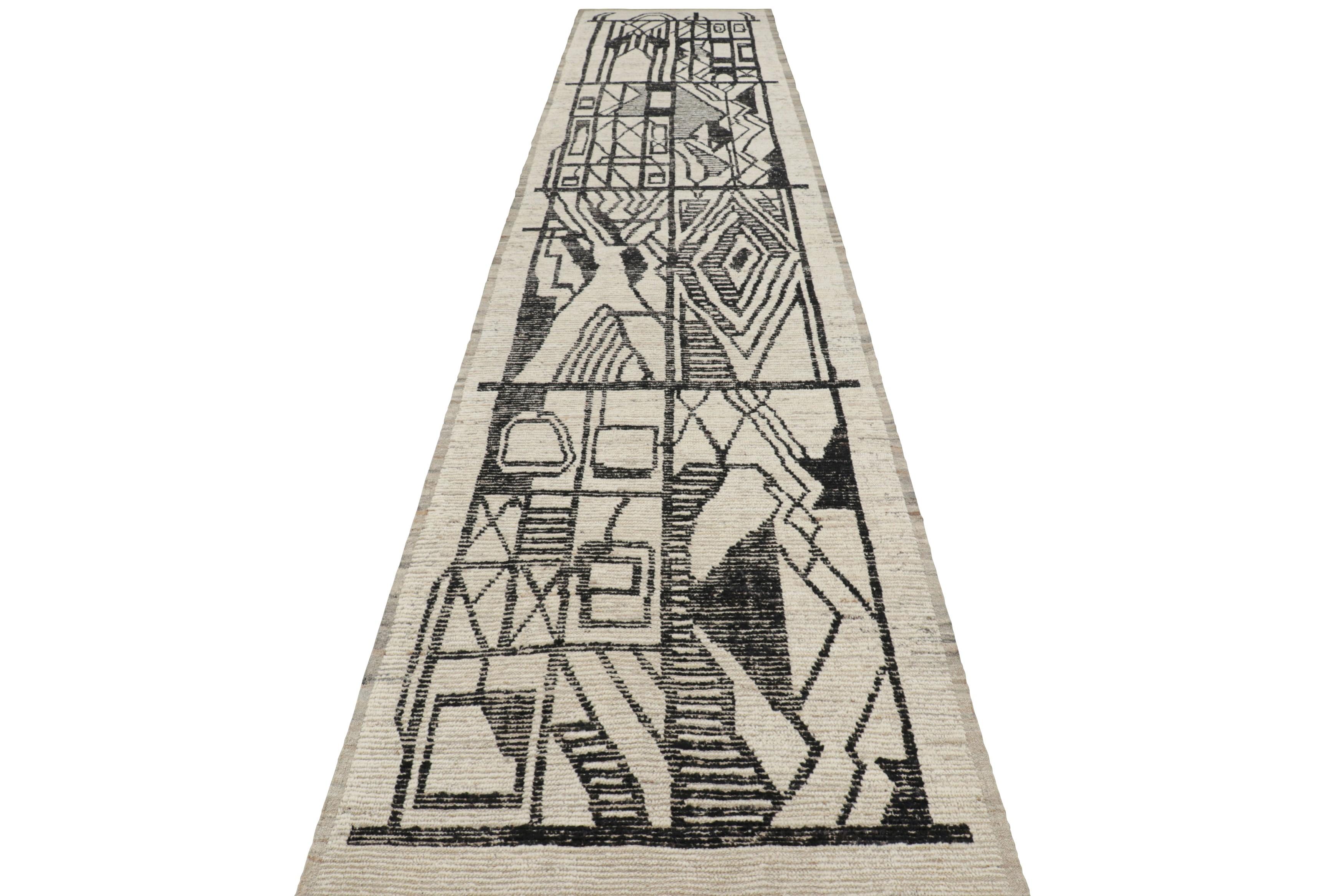 Afghan Rug & Kilim’s Extra-Long Runner Rug in Cream with Black Geometric Patterns For Sale