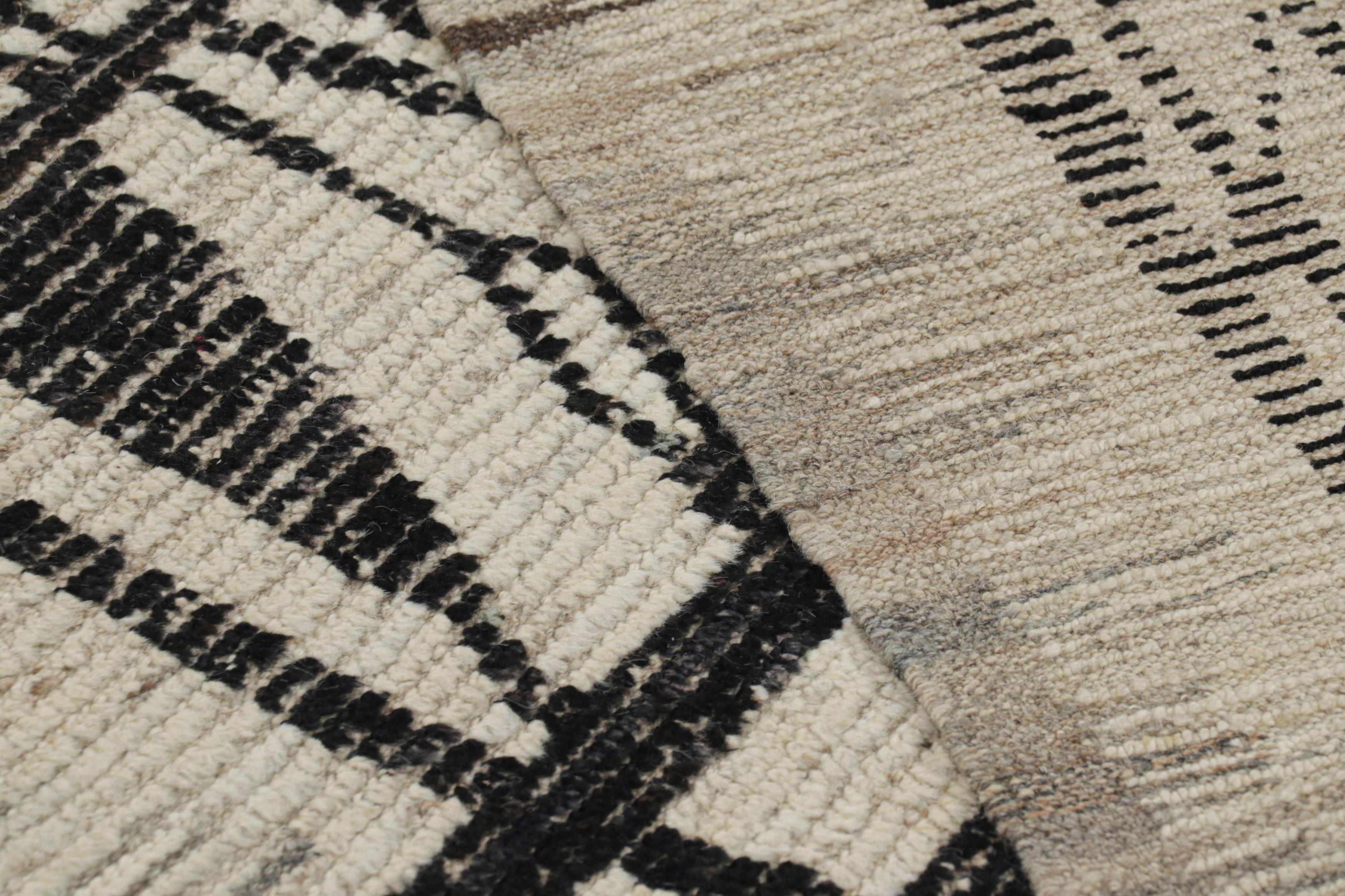Contemporary Rug & Kilim’s Extra-Long Runner Rug in Cream with Black Geometric Patterns For Sale