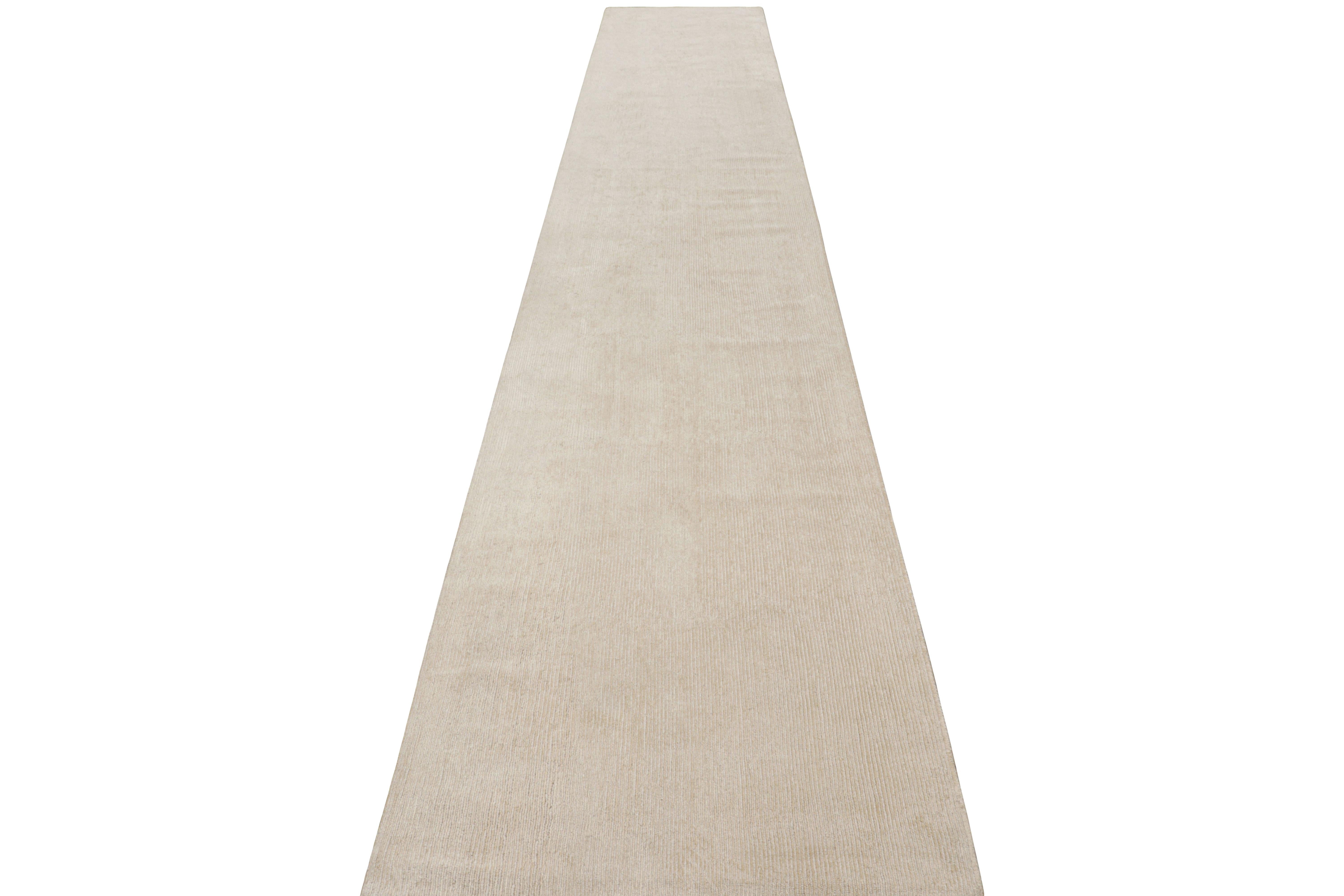 Nepalese Rug & Kilim’s Extra-Long Runner Rug in Textured Monochrome White Tones & Striae For Sale