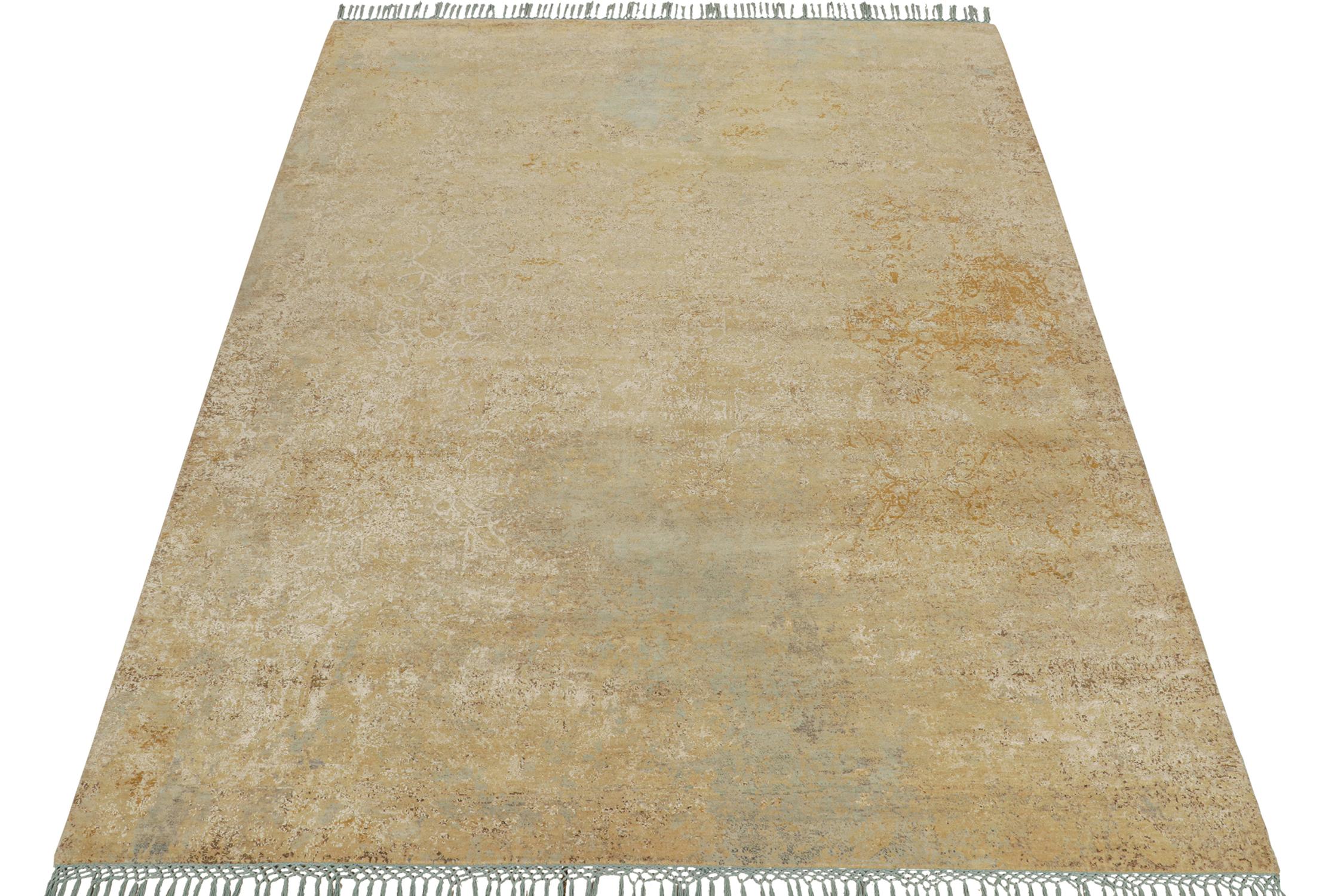 This hand-knotted wool and silk 9x12 rug is a new addition to Rug & Kilim’s Modern Classics Collection that reimagines Farahan Persian rugs in a bold new style.

Further On the Design:

The play of fabulous, regal gold with sky blue notes in a