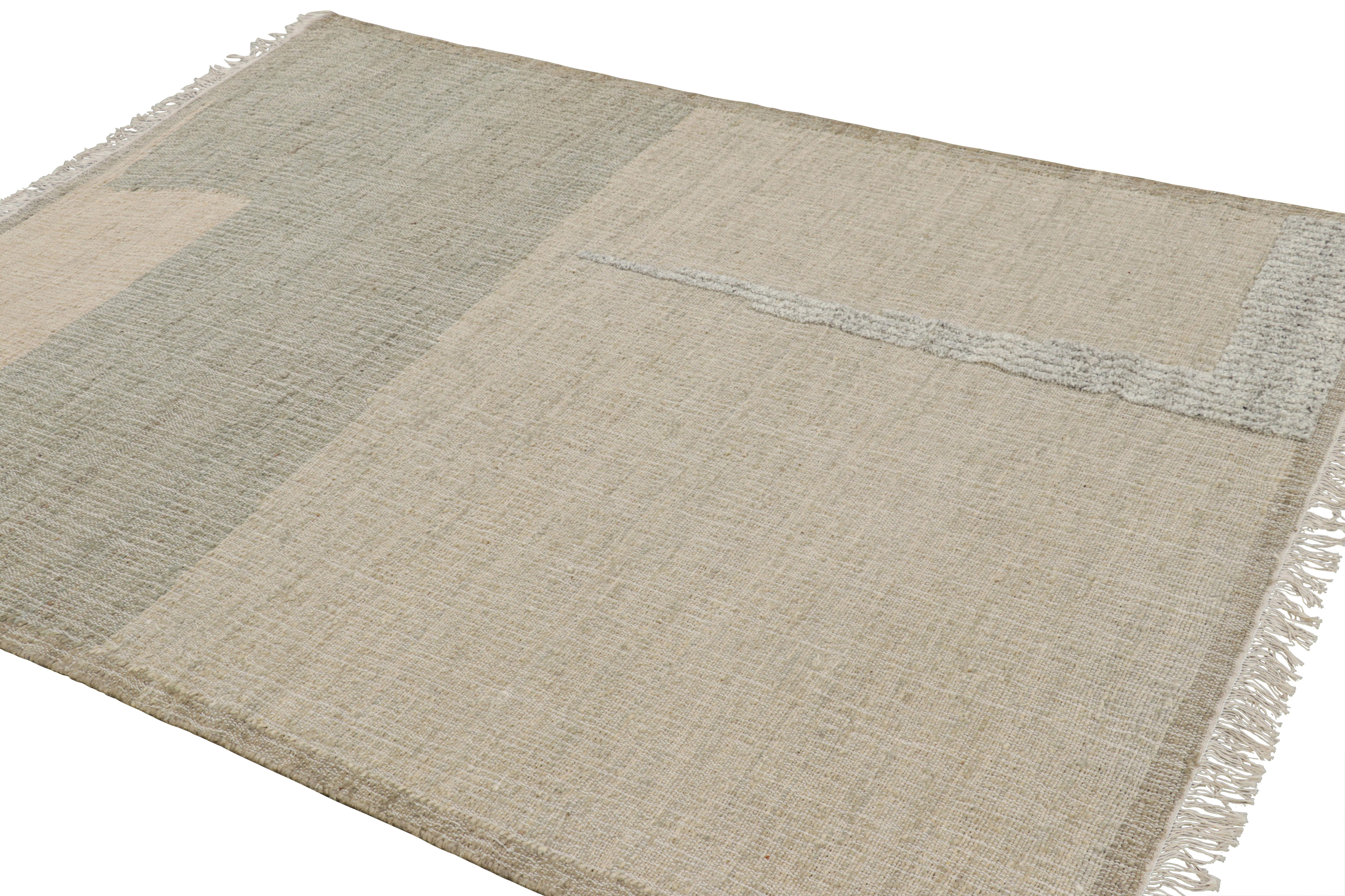 Indian Rug & Kilim’s Flatweave Rug in Beige-Brown with Green & White Geometric Patterns For Sale