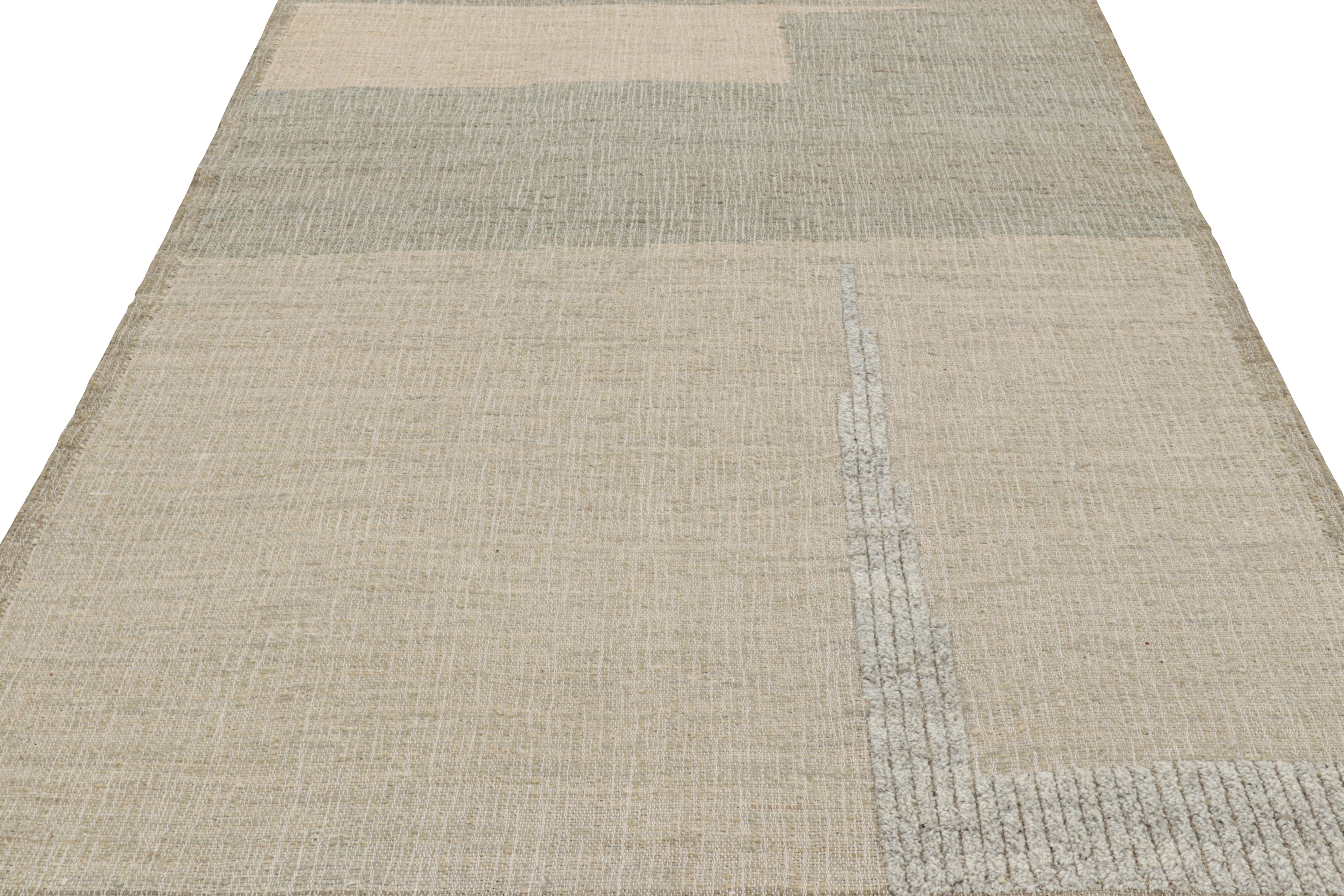 Hand-Knotted Rug & Kilim’s Flatweave Rug in Beige-Brown with Green & White Geometric Patterns For Sale
