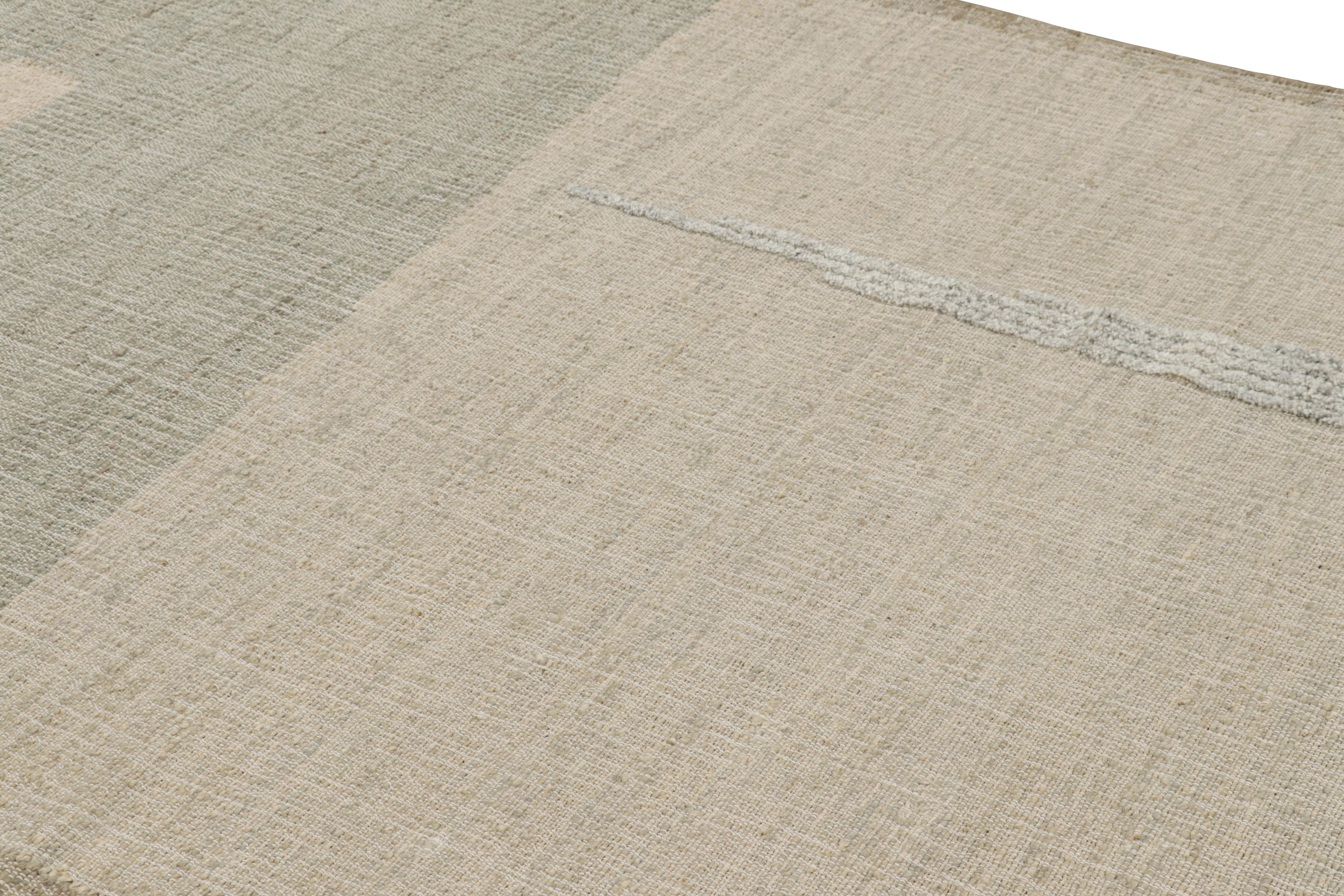 Contemporary Rug & Kilim’s Flatweave Rug in Beige-Brown with Green & White Geometric Patterns For Sale