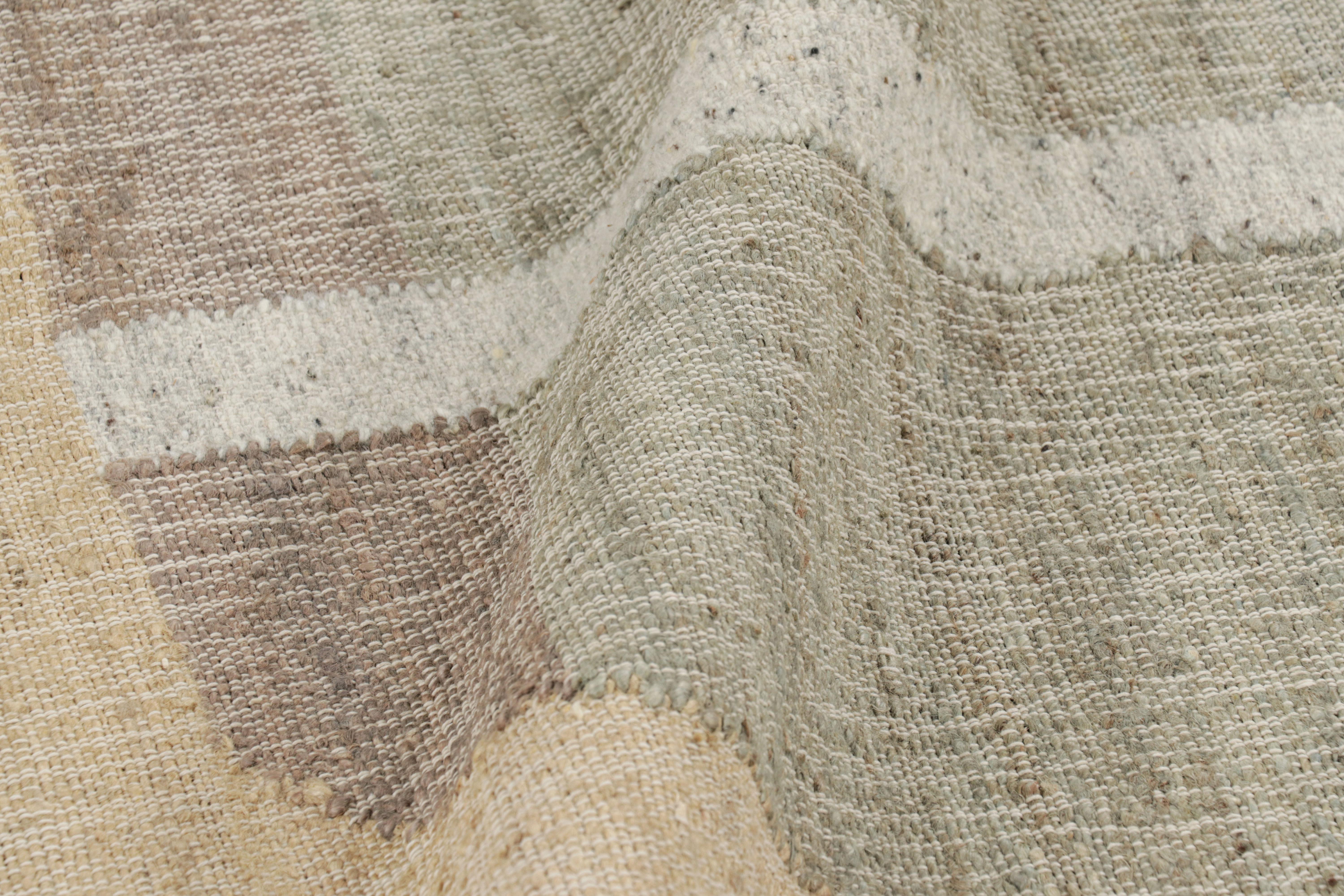Made with handwoven wool and jute, this 6x7 contemporary flatweave rug by Rug & Kilim enjoys geometric patterns in beige, brown, green, and gray tones, and sustainable, all-natural materials—an exciting new custom-capable line.  

On the Design: