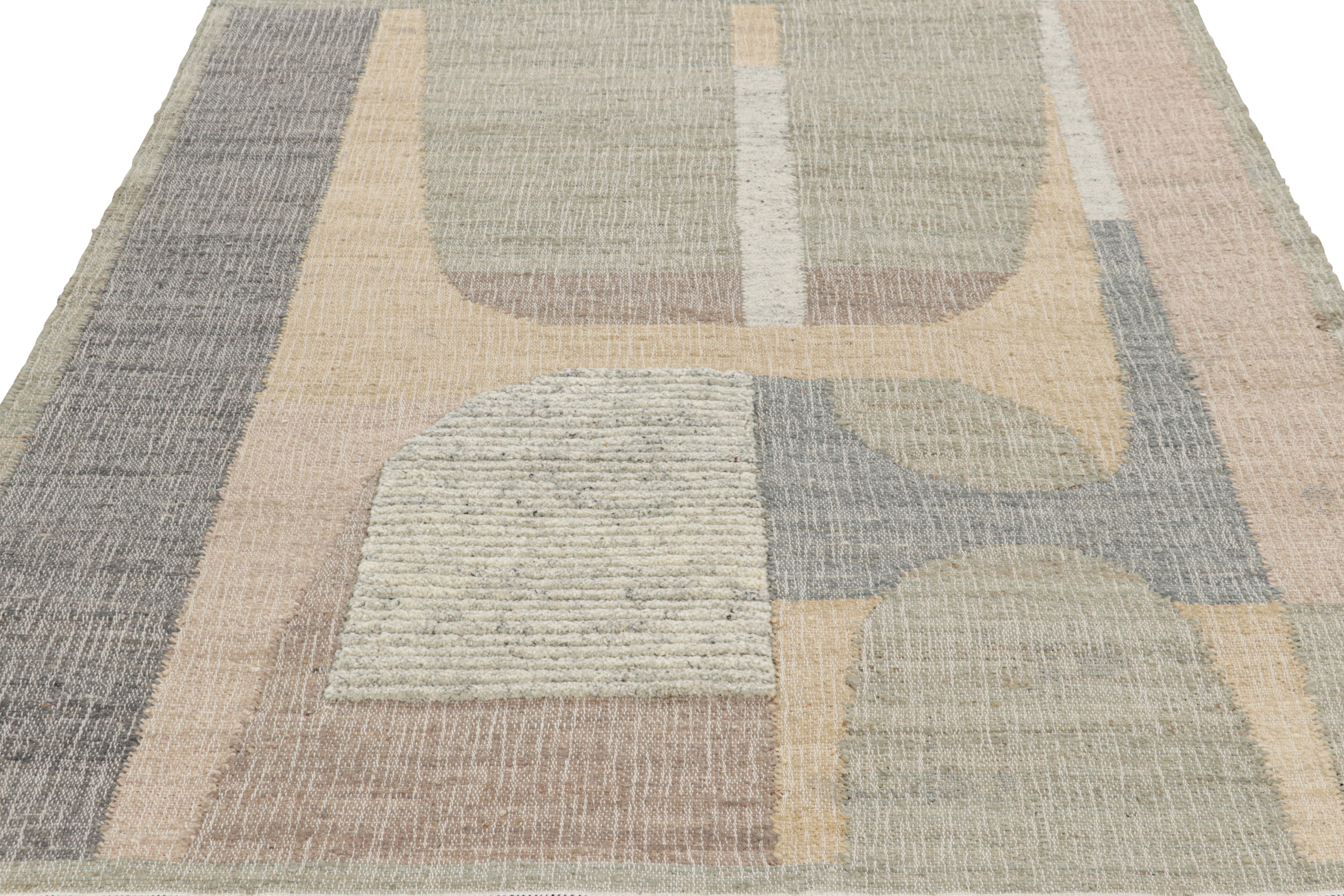 Indian Rug & Kilim’s Flatweave Rug in Beige with Brown, Gray & Green Geometric Pattern For Sale