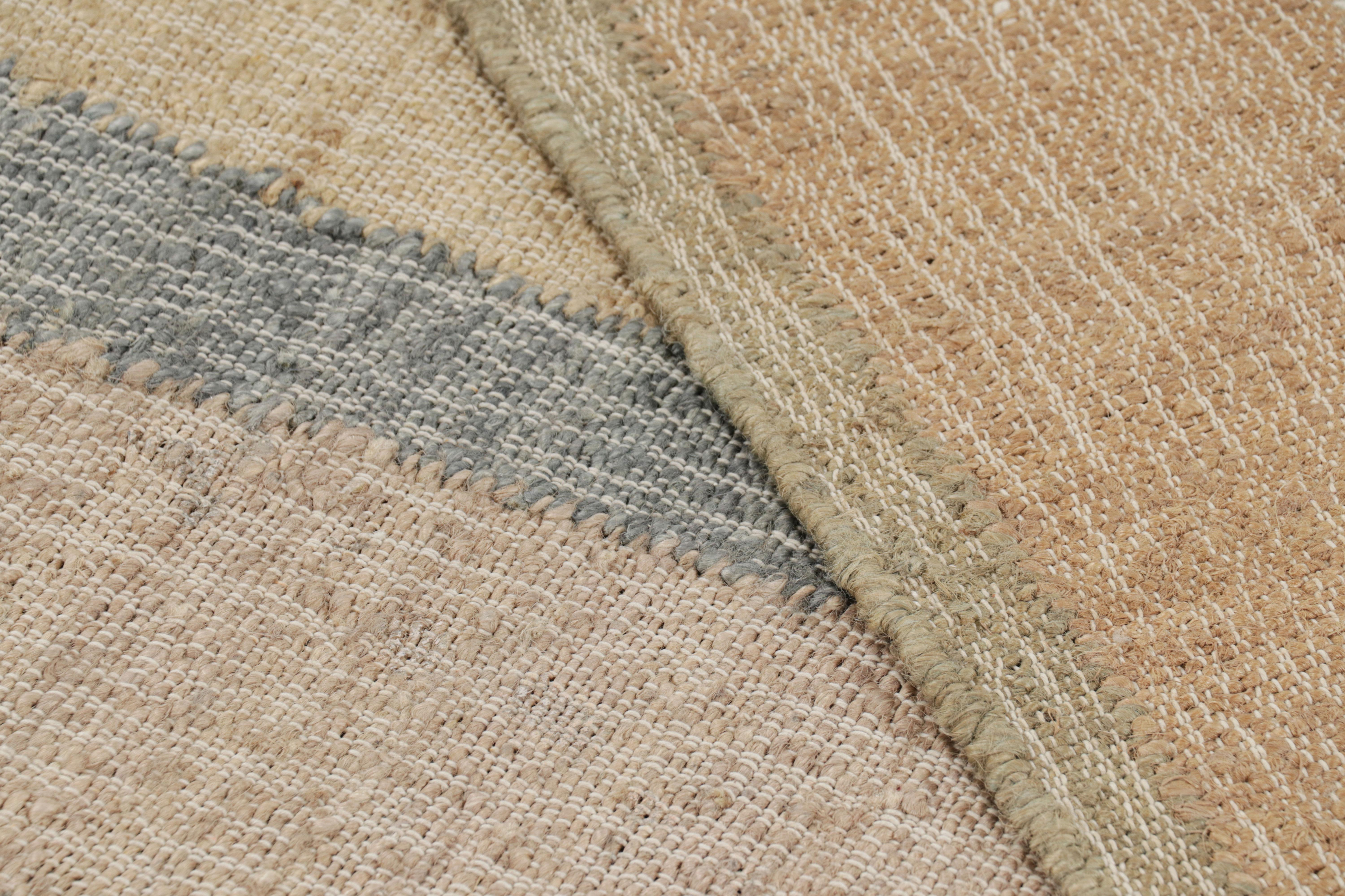 Contemporary Rug & Kilim’s Flatweave Rug in Beige with Brown, Gray & Green Geometric Pattern For Sale