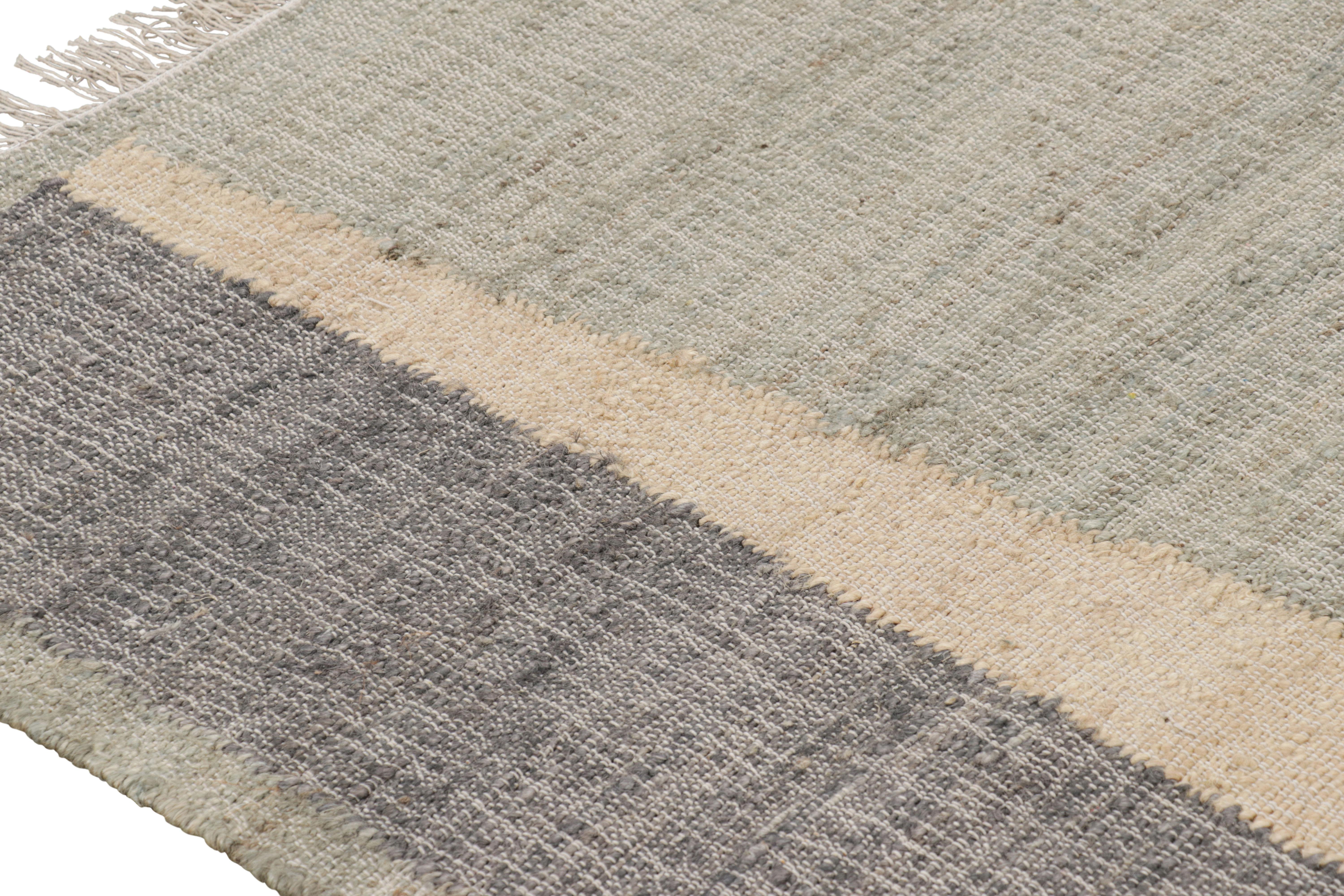 Made with handwoven wool and jute, this 6x8 contemporary flatweave rug by Rug & Kilim enjoys geometric patterns in beige, brown, green, and gray tones, and sustainable, all-natural materials—an exciting new custom-capable line.  

On the Design: