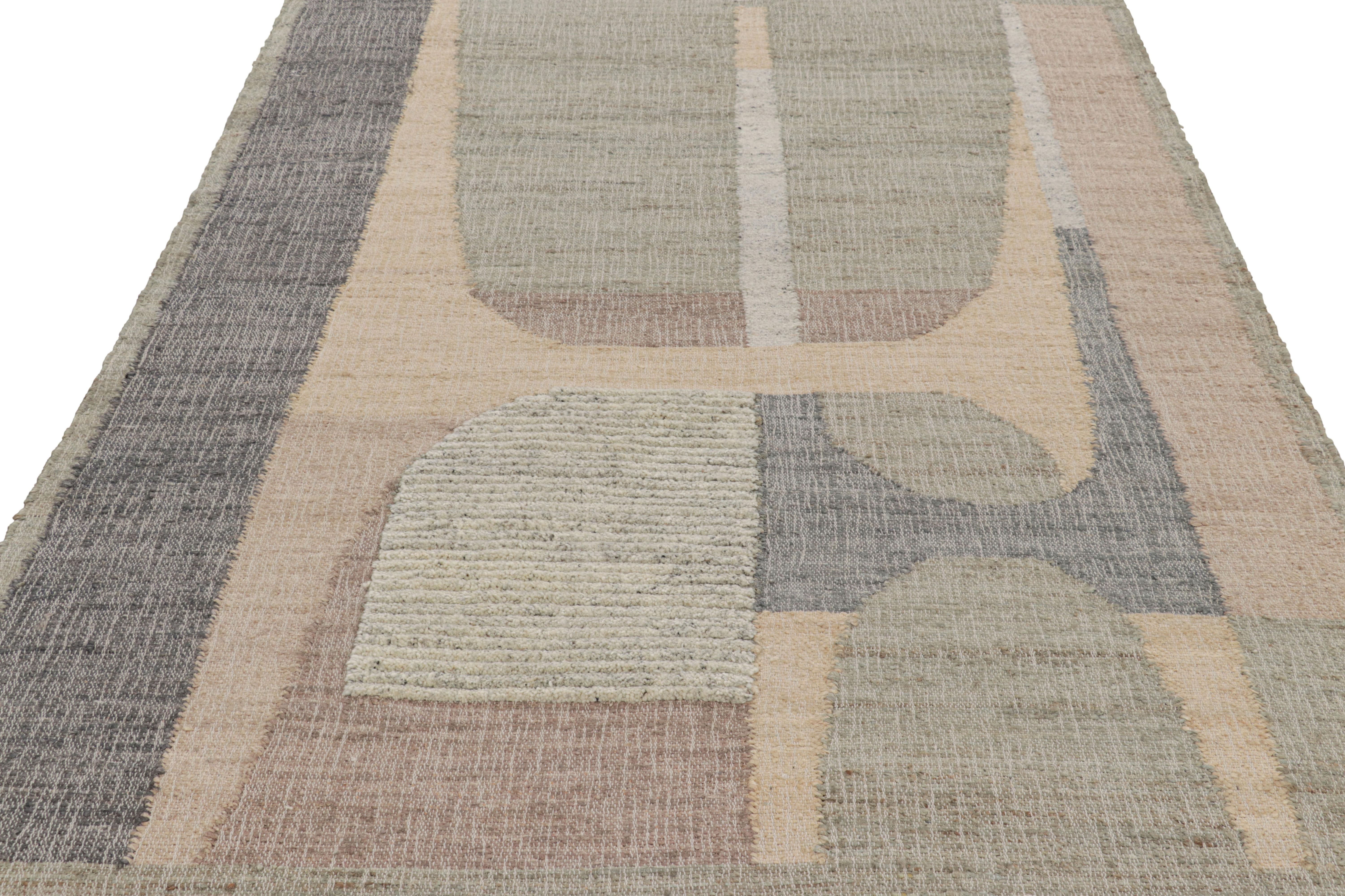 Indian Rug & Kilim’s Flatweave Rug in Beige with Brown, Gray & Green Geometric Patterns For Sale