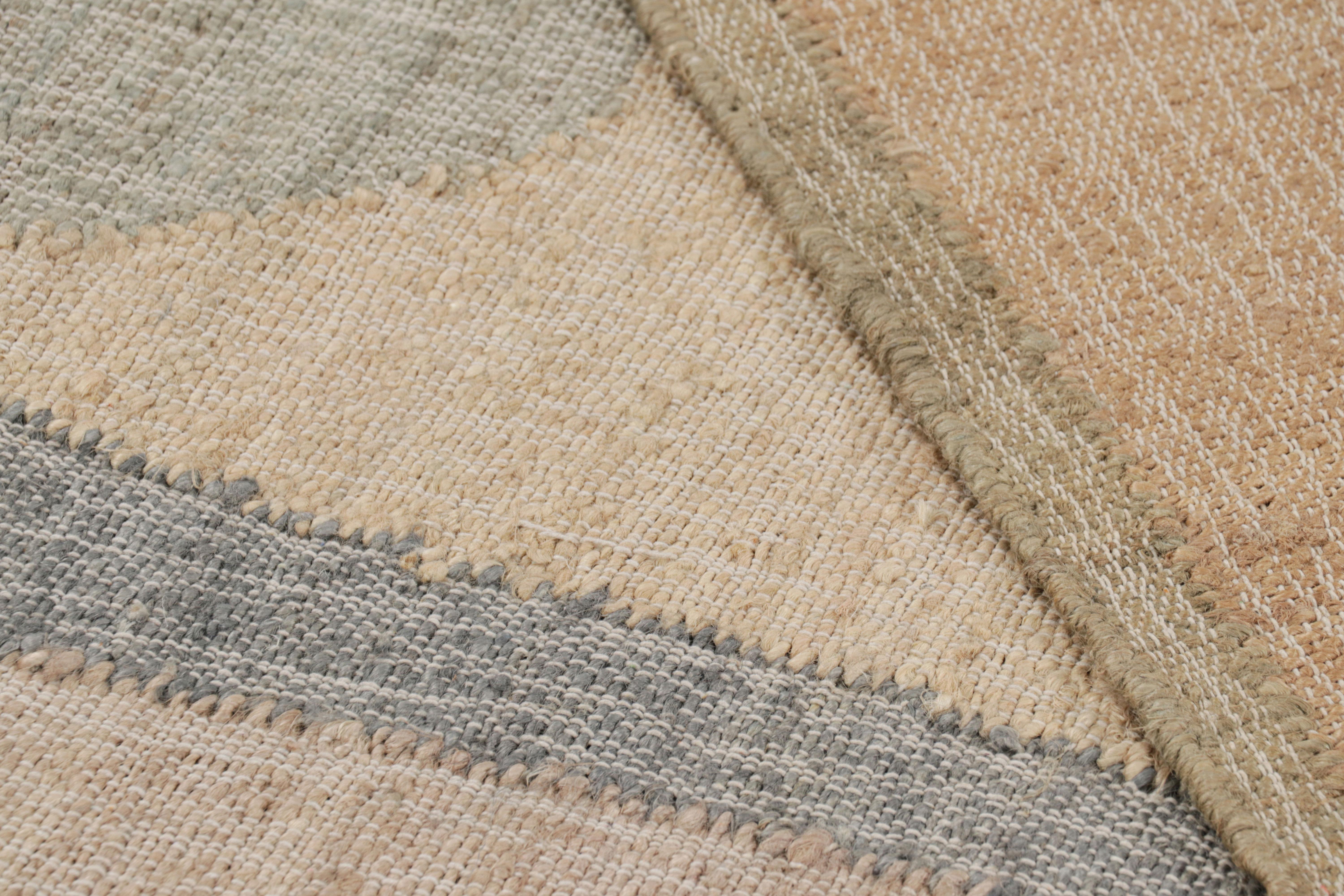 Contemporary Rug & Kilim’s Flatweave Rug in Beige with Brown, Gray & Green Geometric Patterns For Sale