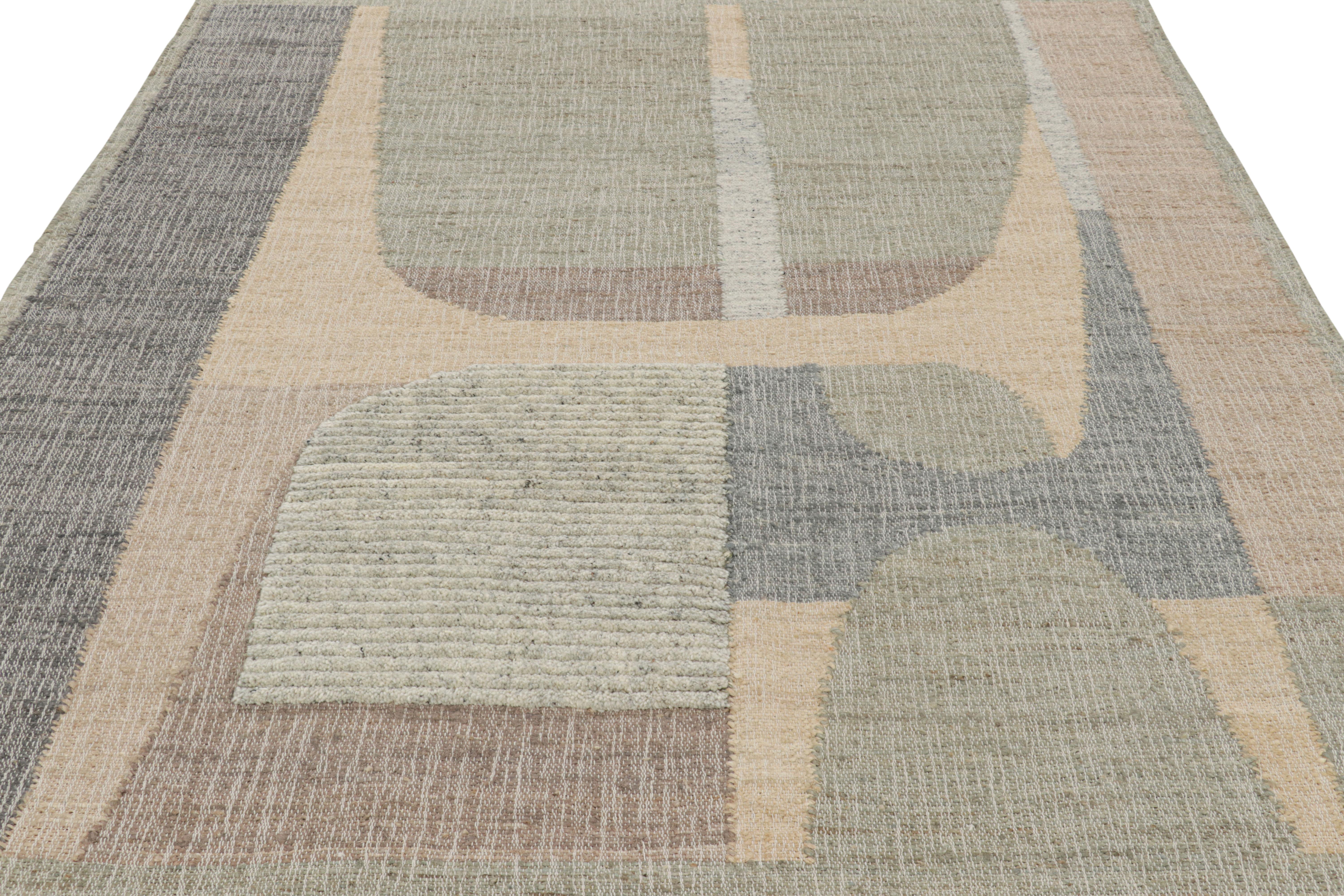 Indian Rug & Kilim’s Flatweave Rug in Beige with Gray, White & Green Geometric Pattern For Sale