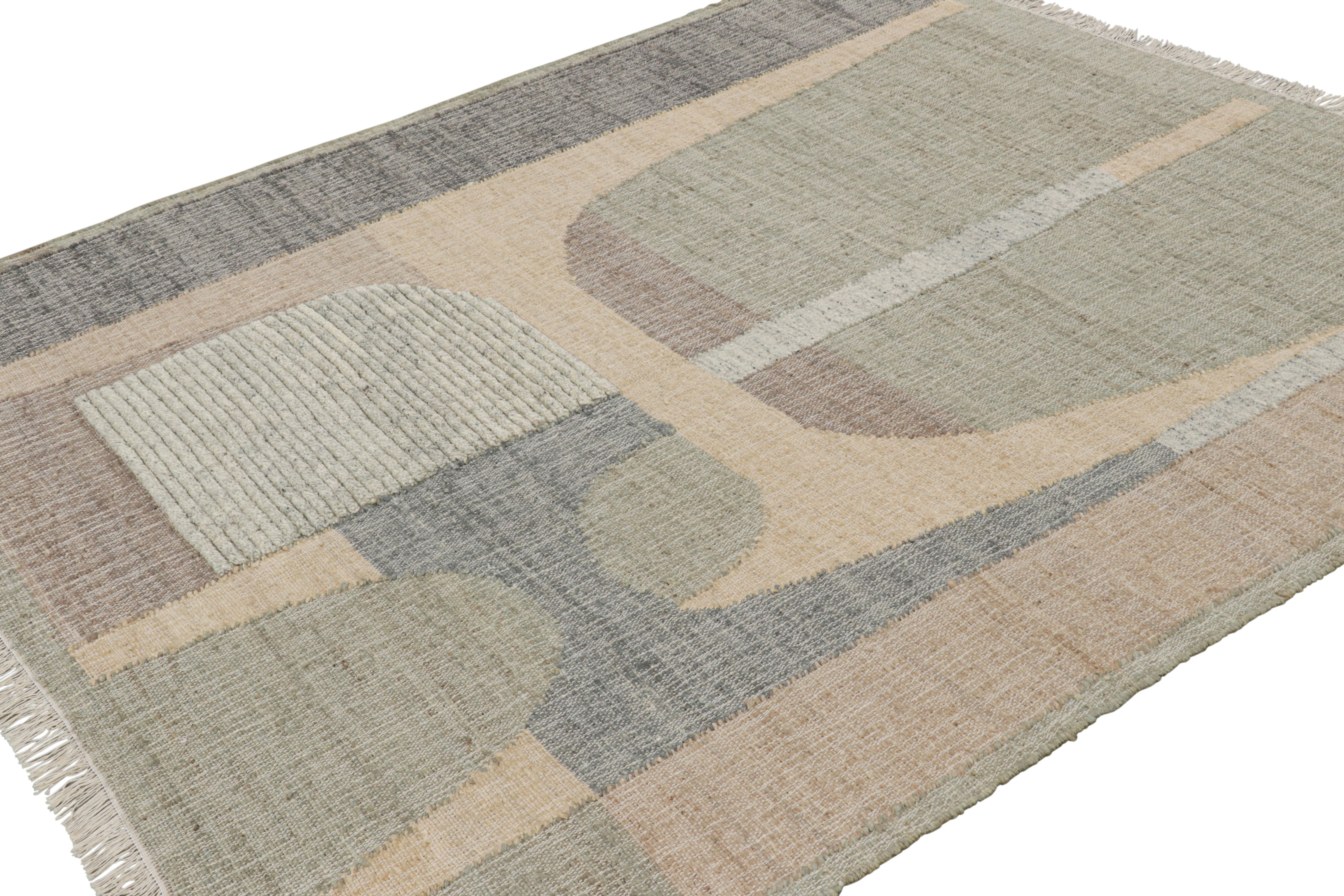 Hand-Knotted Rug & Kilim’s Flatweave Rug in Beige with Gray, White & Green Geometric Pattern For Sale