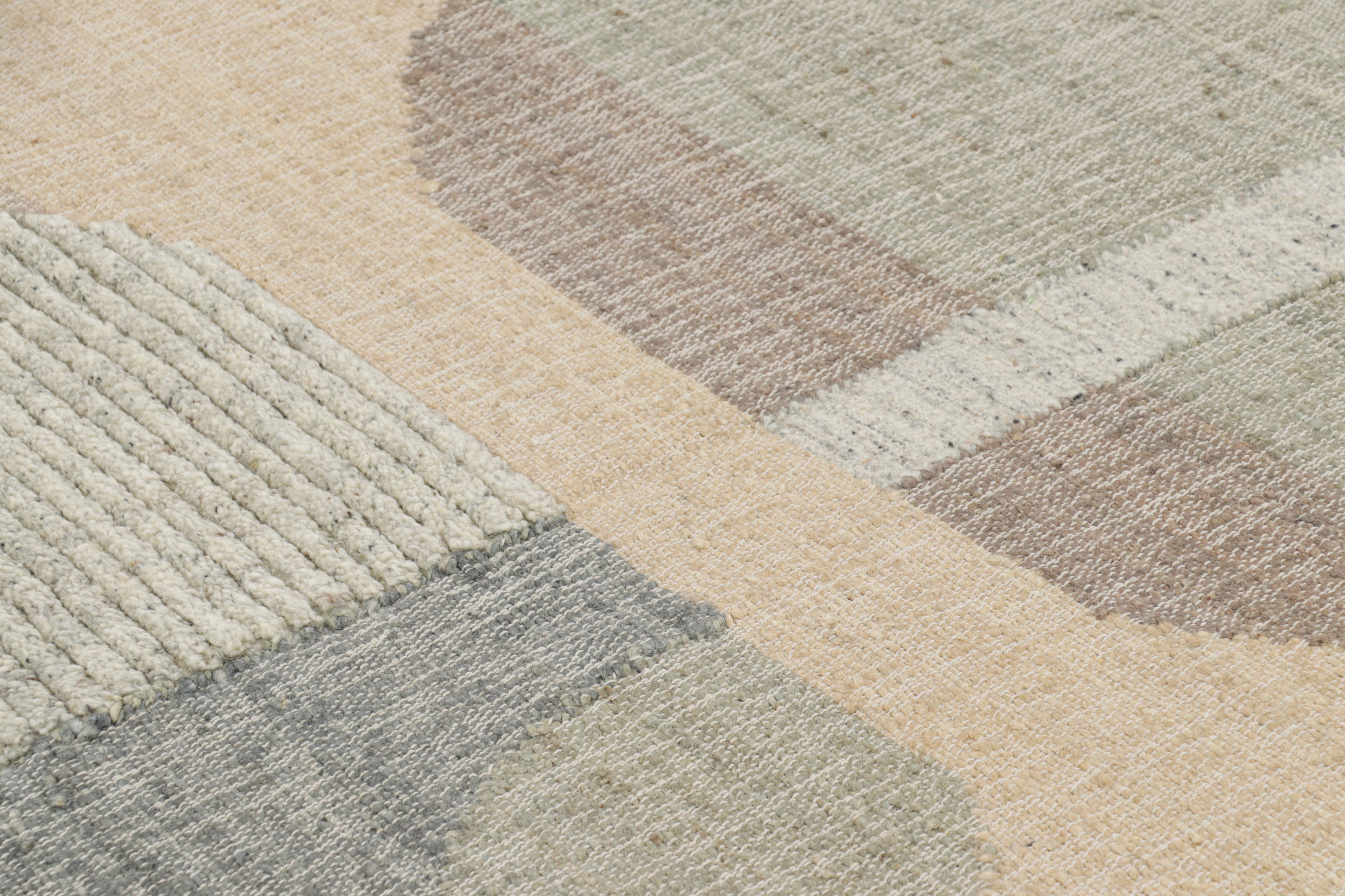 Contemporary Rug & Kilim’s Flatweave Rug in Beige with Gray, White & Green Geometric Pattern For Sale