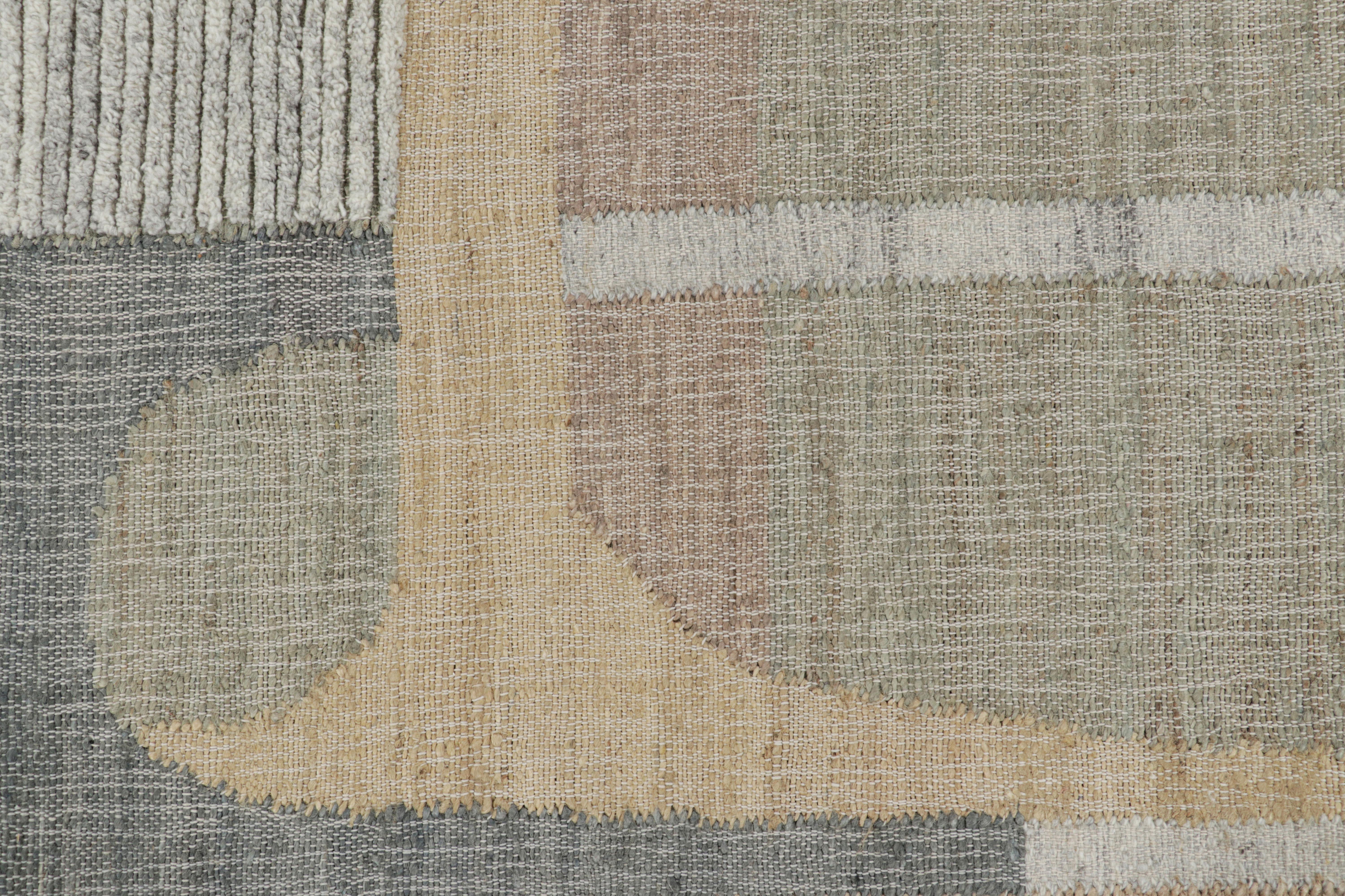Made with handwoven wool and jute, this 5x7 contemporary flatweave rug by Rug & Kilim enjoys geometric patterns in beige-brown, green, gray and white tones, and sustainable, all-natural materials—an exciting new custom-capable line.  

On the