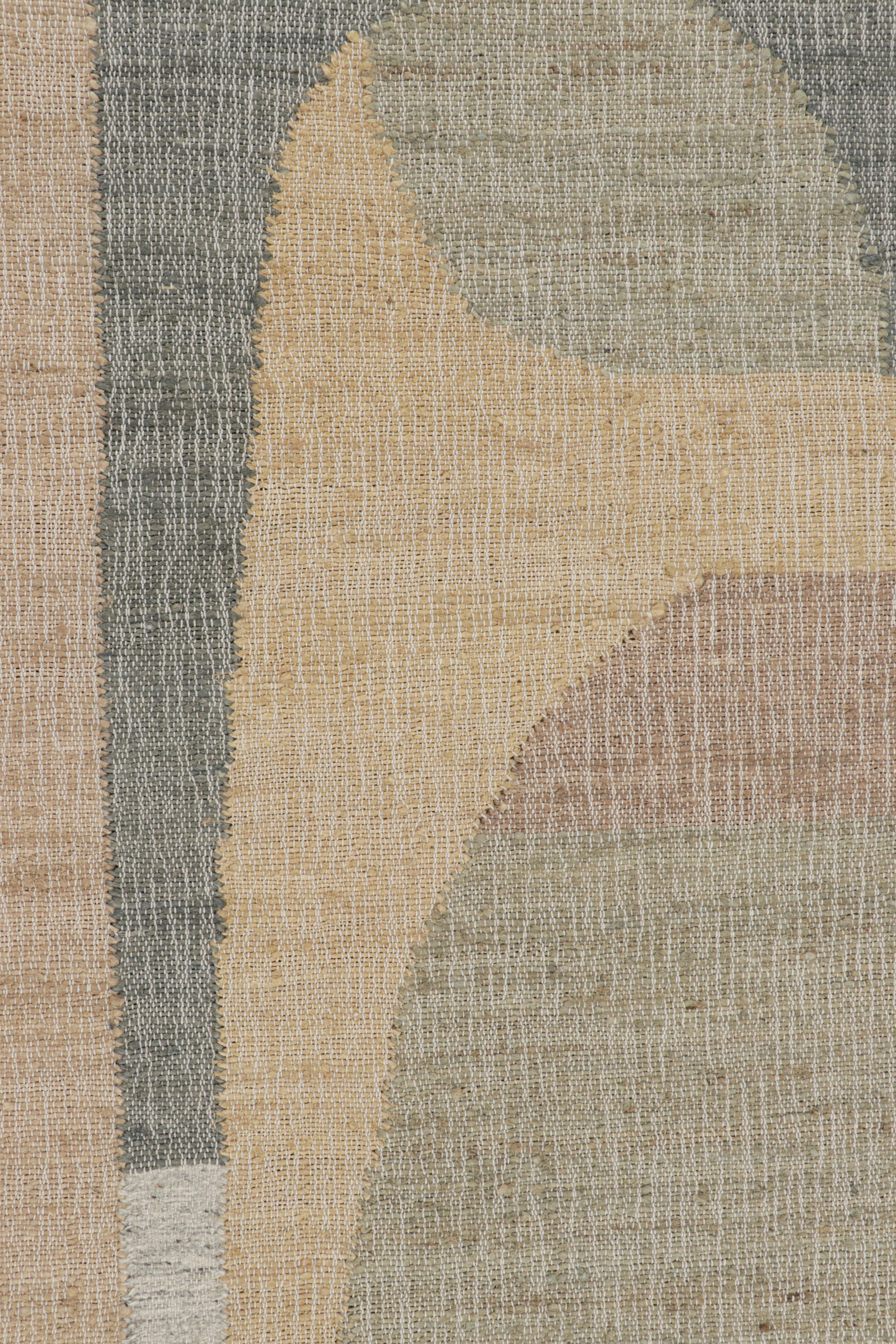  Made with handwoven wool and jute, this 8x10 contemporary flatweave rug by Rug & Kilim enjoys geometric patterns in beige-brown, green, gray and white tones, and sustainable, all-natural materials—an exciting new custom-capable line.  

On the
