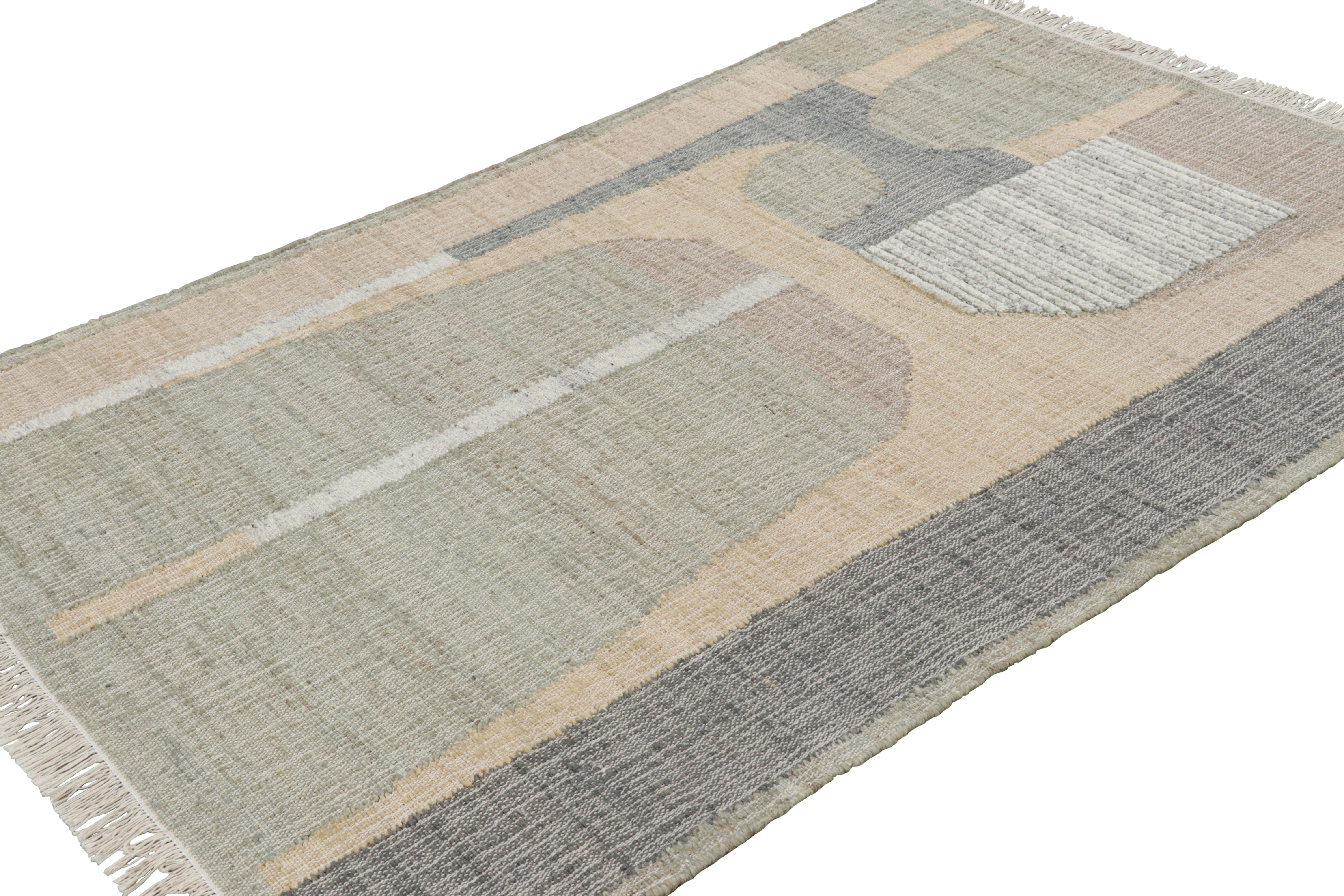 Modern Rug & Kilim’s Flatweave Rug in Beige with Gray, White & Green Geometric Patterns For Sale
