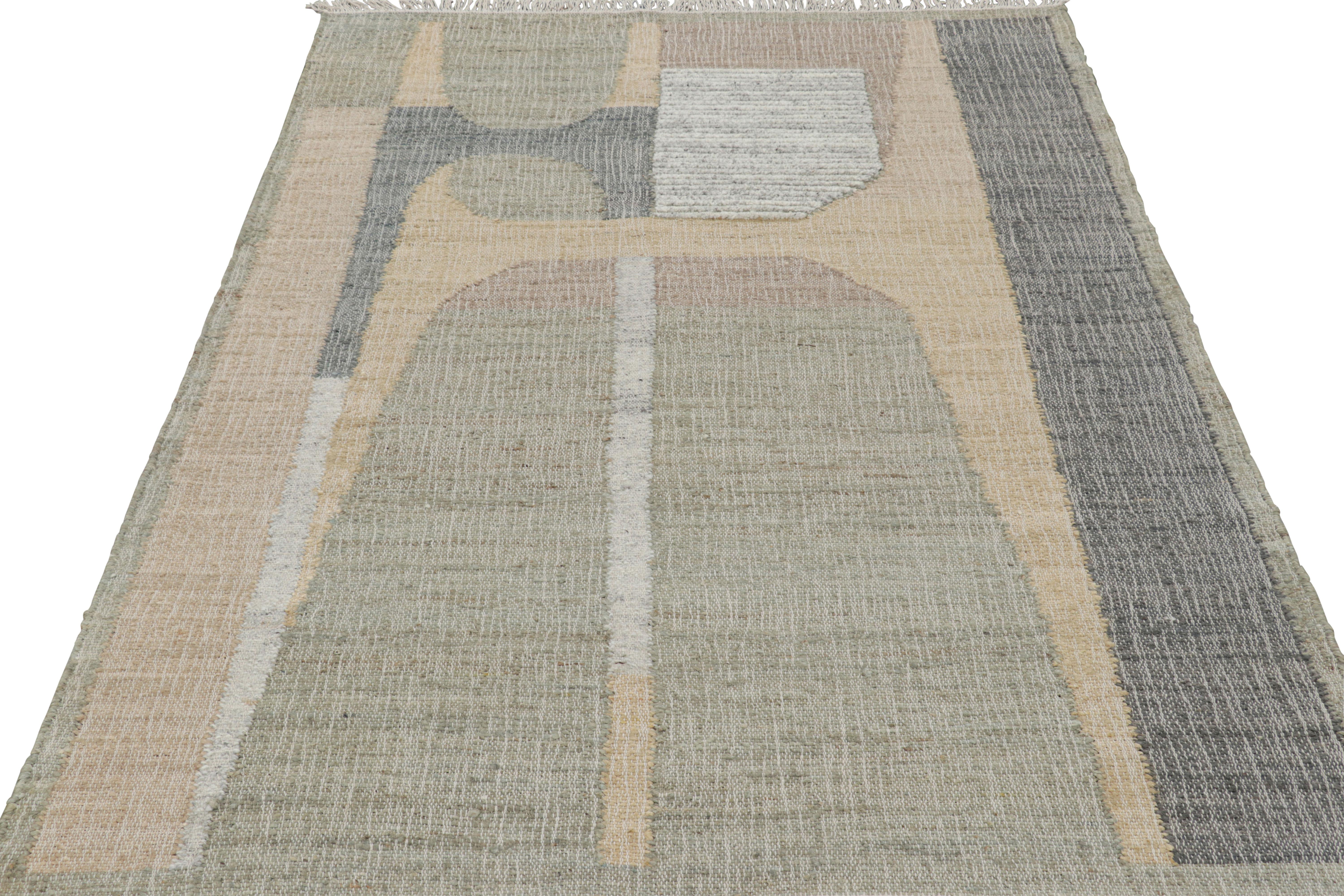 Indian Rug & Kilim’s Flatweave Rug in Beige with Gray, White & Green Geometric Patterns For Sale