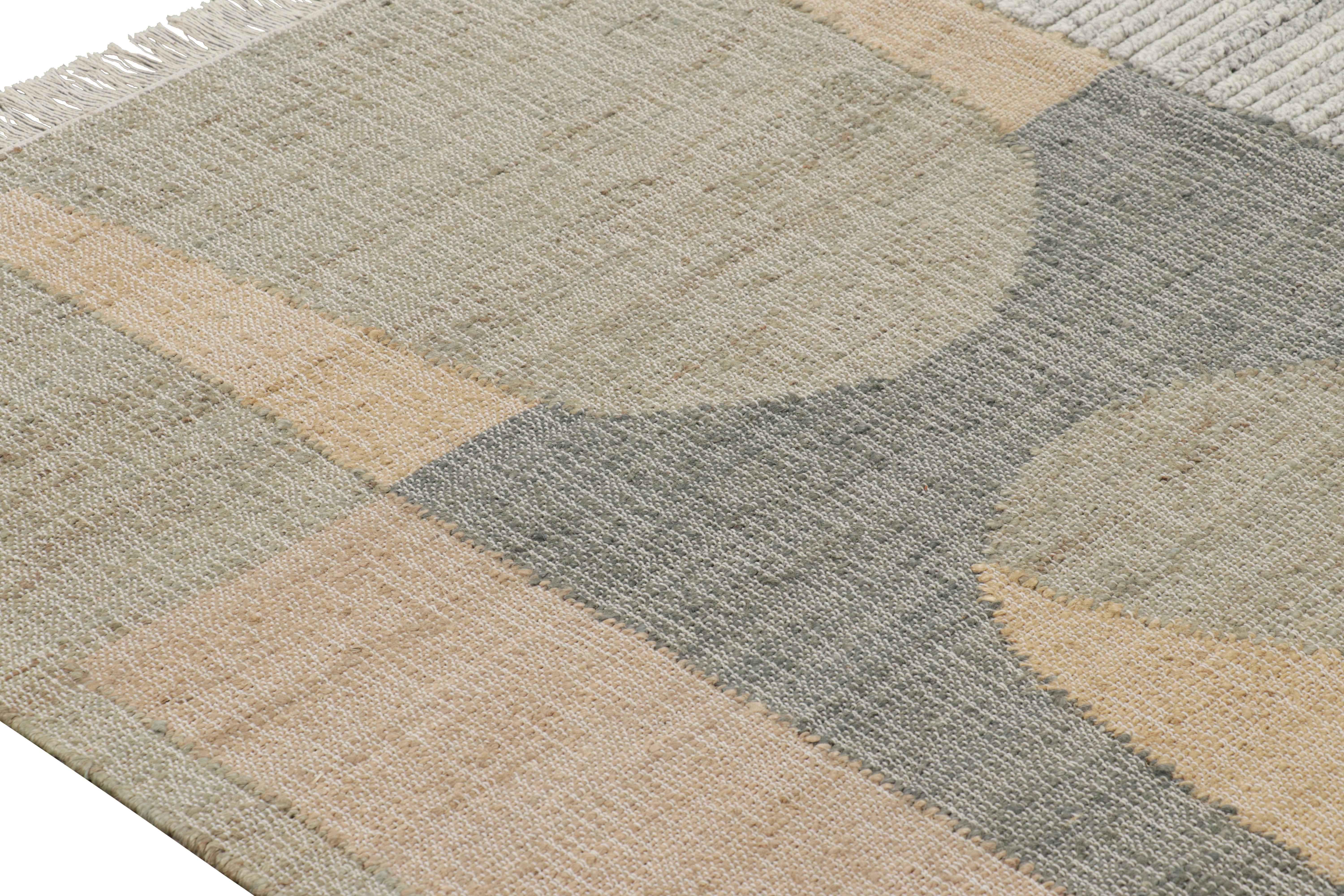Indian Rug & Kilim’s Flatweave Rug in Beige with Gray, White & Green Geometric Patterns For Sale