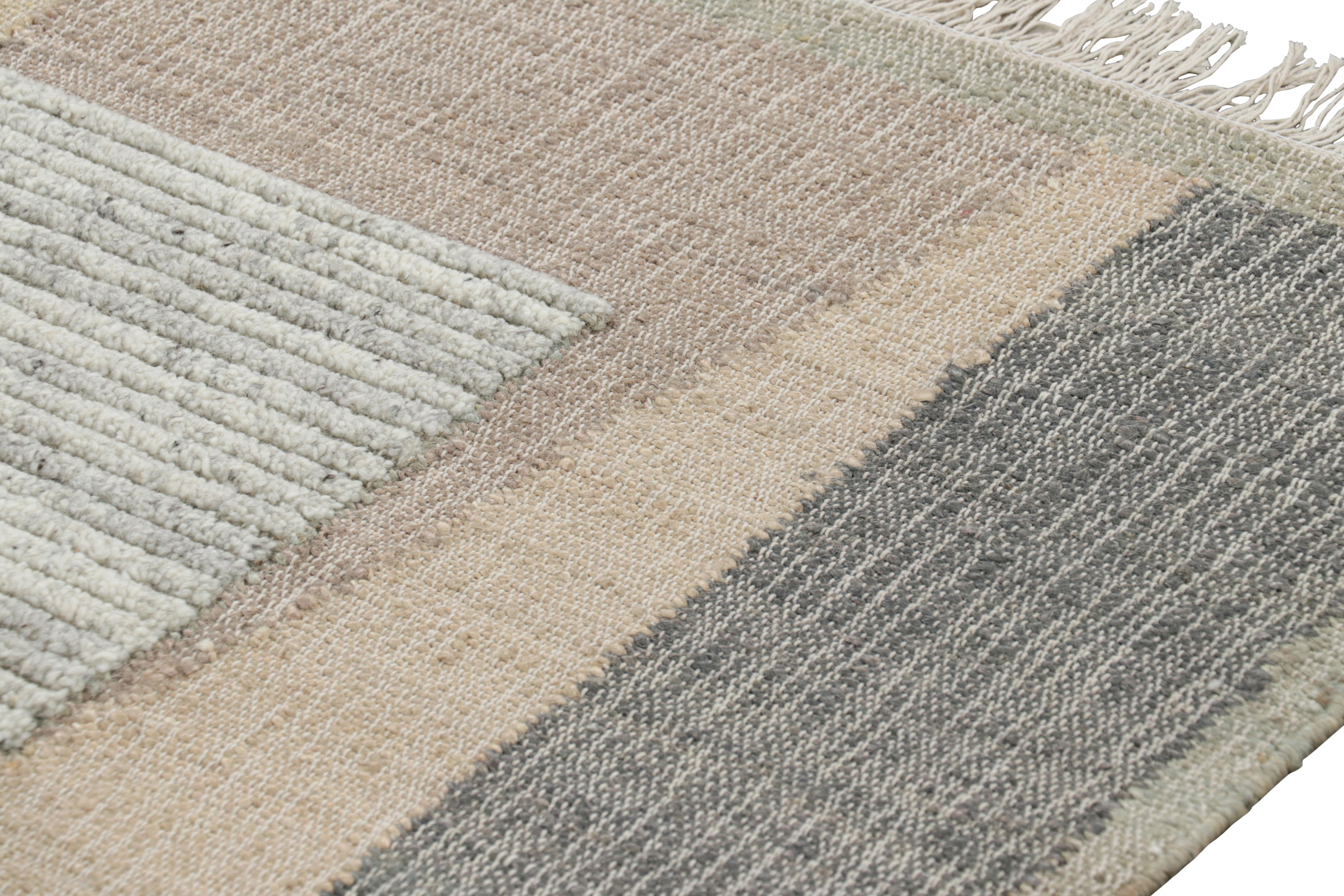 Hand-Knotted Rug & Kilim’s Flatweave Rug in Beige with Gray, White & Green Geometric Patterns For Sale