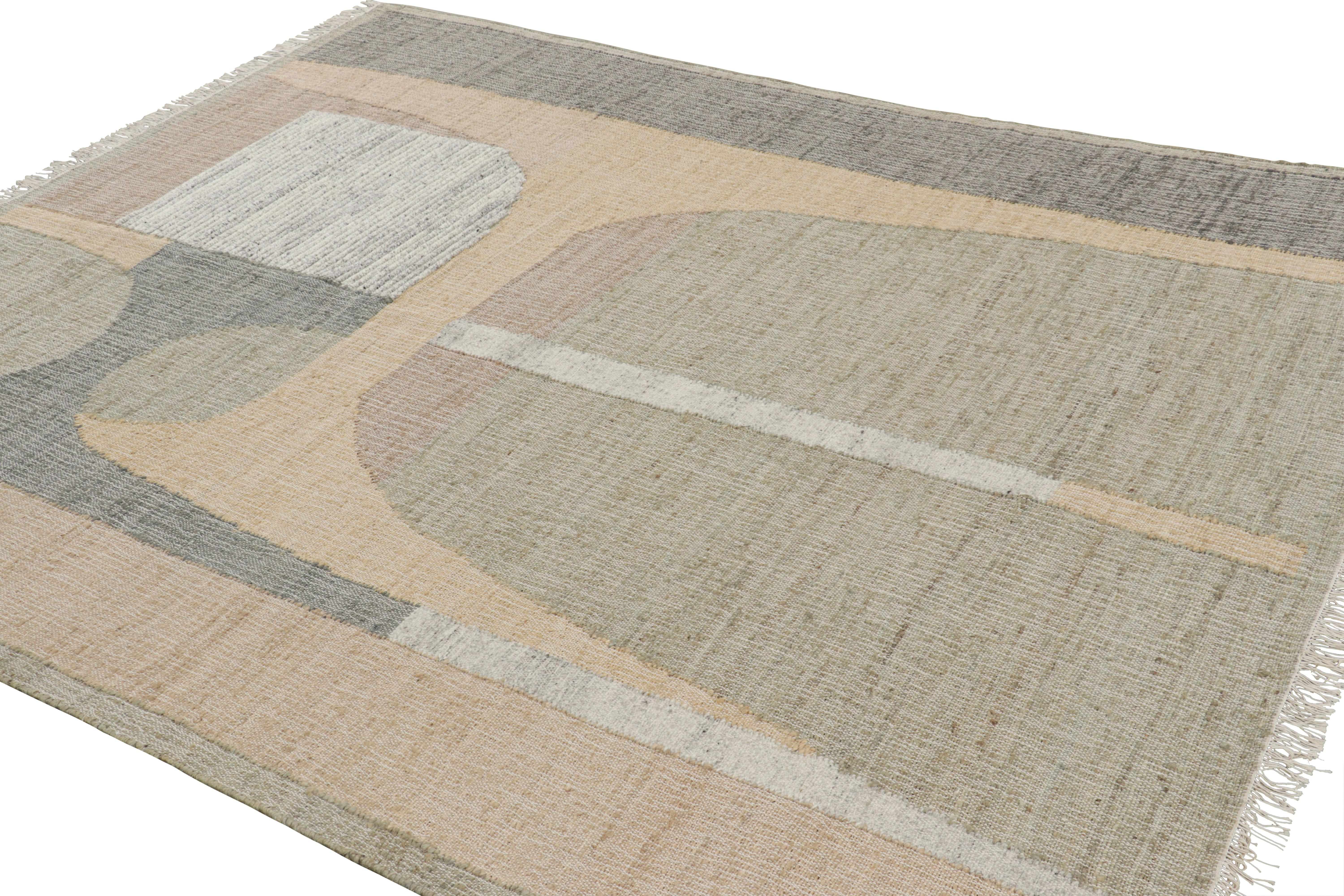 Hand-Knotted Rug & Kilim’s Flatweave Rug in Beige with Gray, White & Green Geometric Patterns For Sale