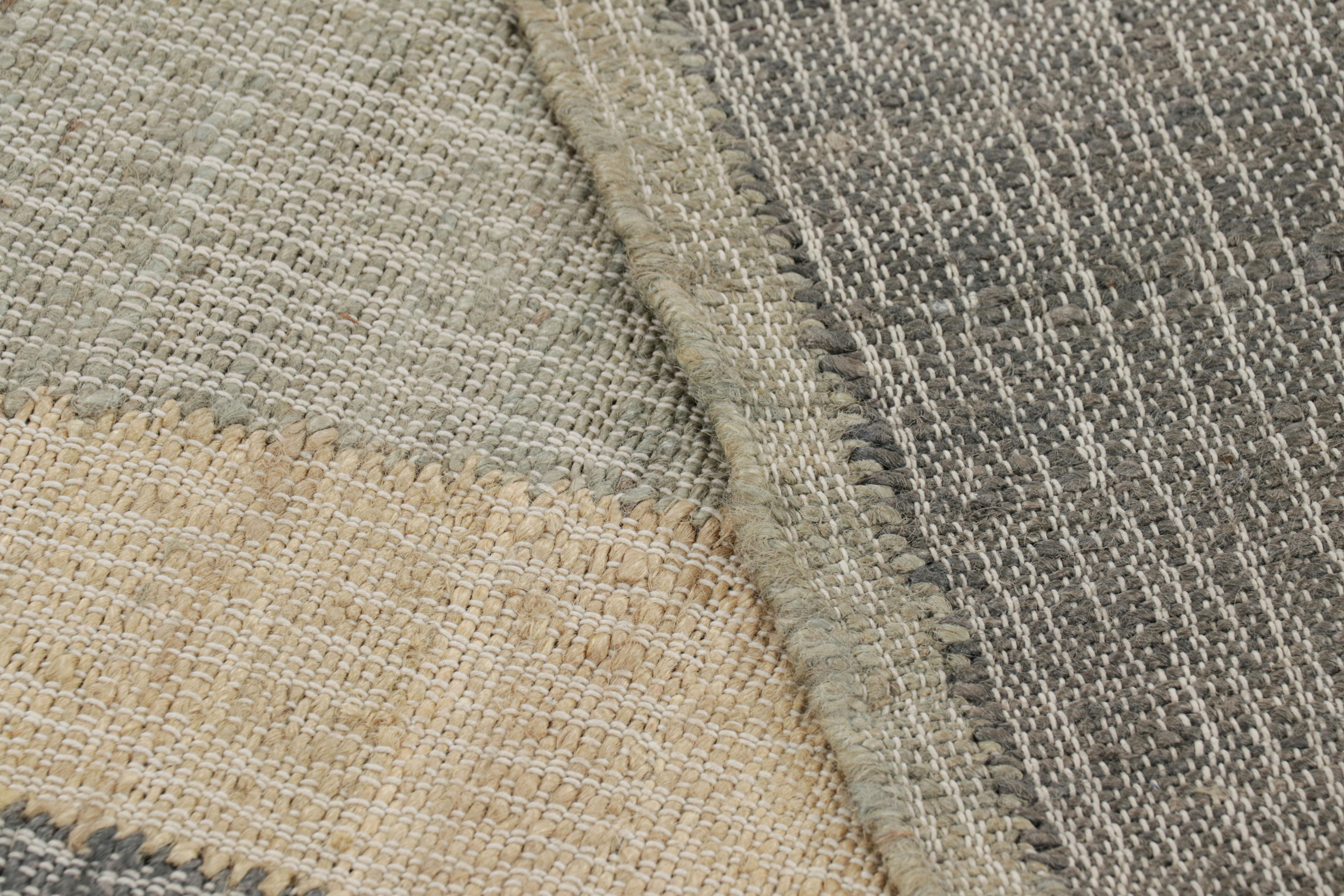 Contemporary Rug & Kilim’s Flatweave Rug in Beige with Gray, White & Green Geometric Patterns For Sale