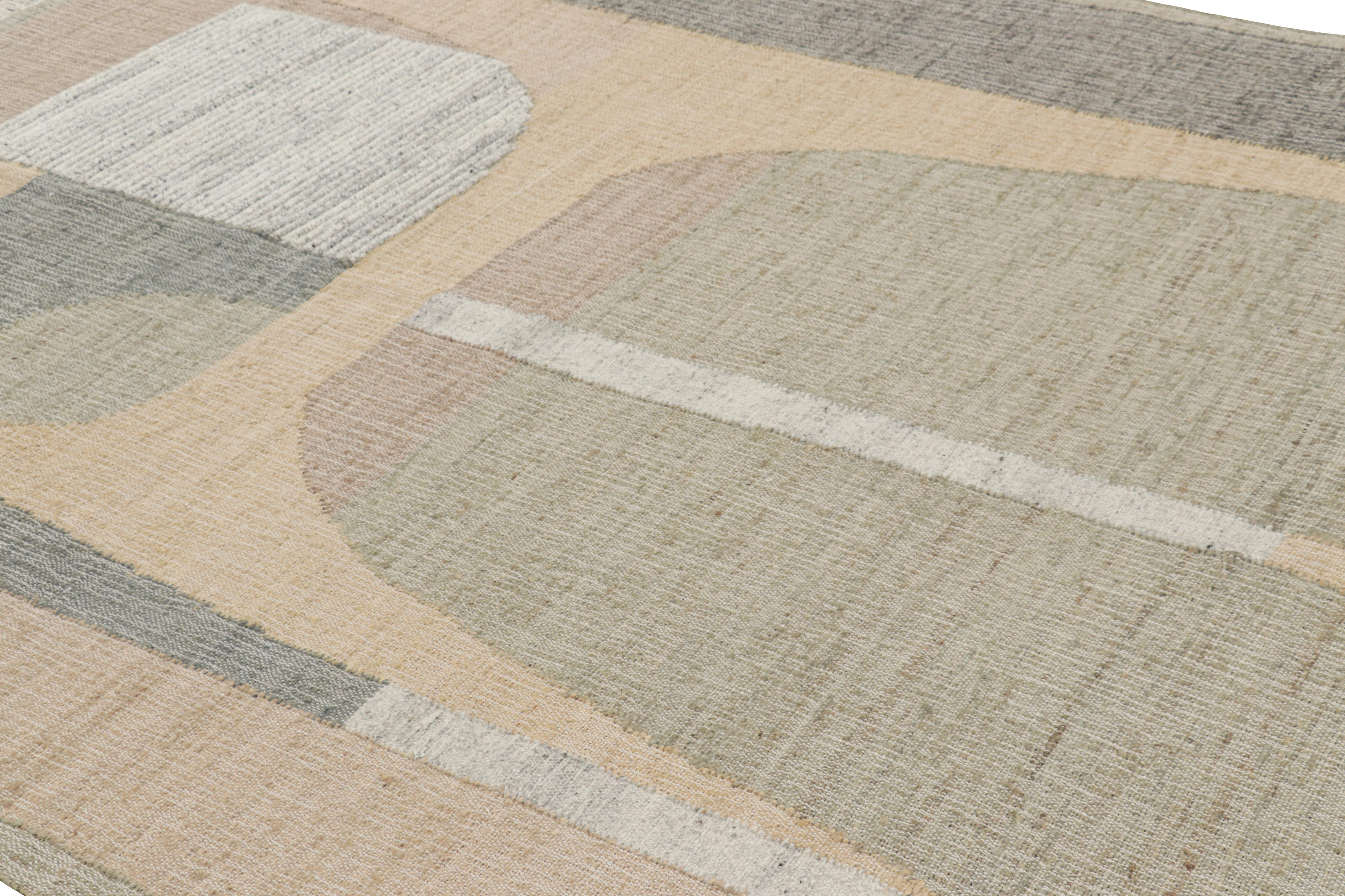 Contemporary Rug & Kilim’s Flatweave Rug in Beige with Gray, White & Green Geometric Patterns For Sale