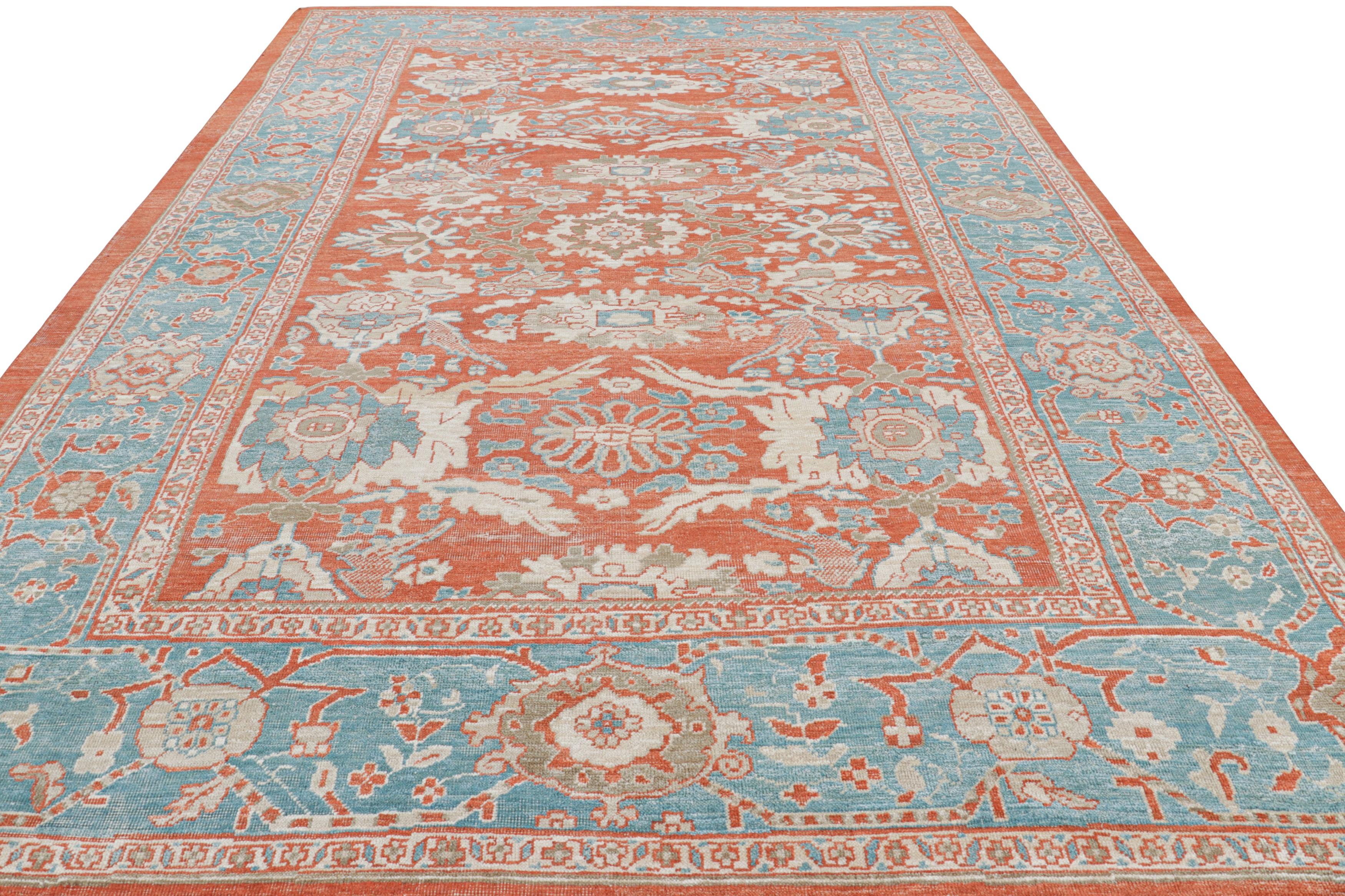 Annodato a mano Rug & Kilim - Tappeto floreale in stile Oushak in arancione e blu con motivi floreali in vendita