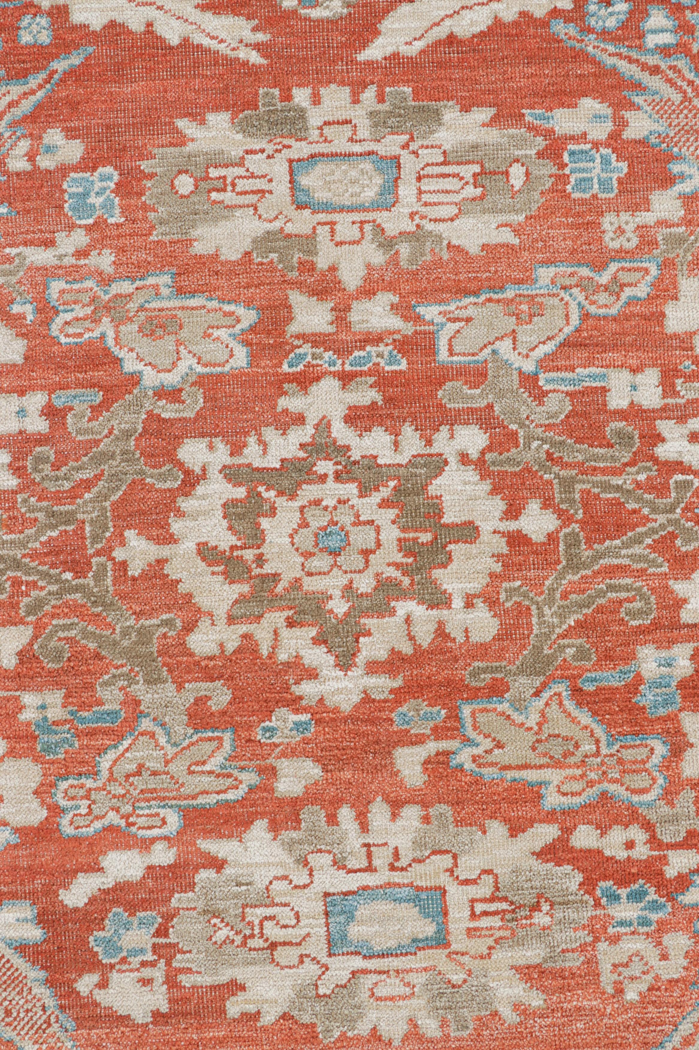 Contemporary Rug & Kilim’s Floral Oushak Style Rug in Orange and Blue with Floral Patterns For Sale