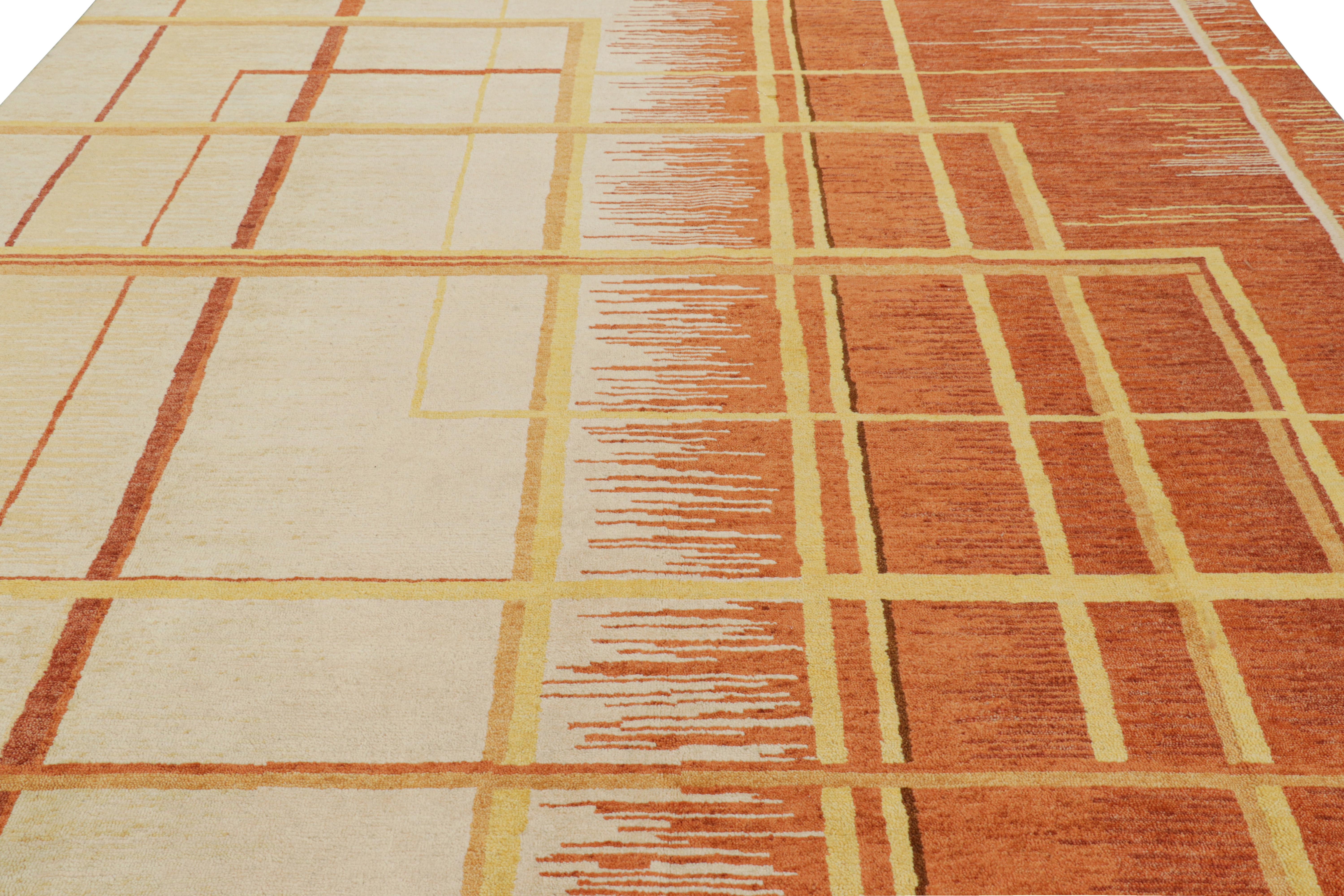 Dieser handgeknüpfte Wollteppich im Format 9x12 ist eine einzigartige Ergänzung der Kollektion französischer Art-Déco-Teppiche von Rug & Kilim - eine originelle Neuinterpretation des modernen Stils der 1920er Jahre mit geometrischen Mustern im Stil