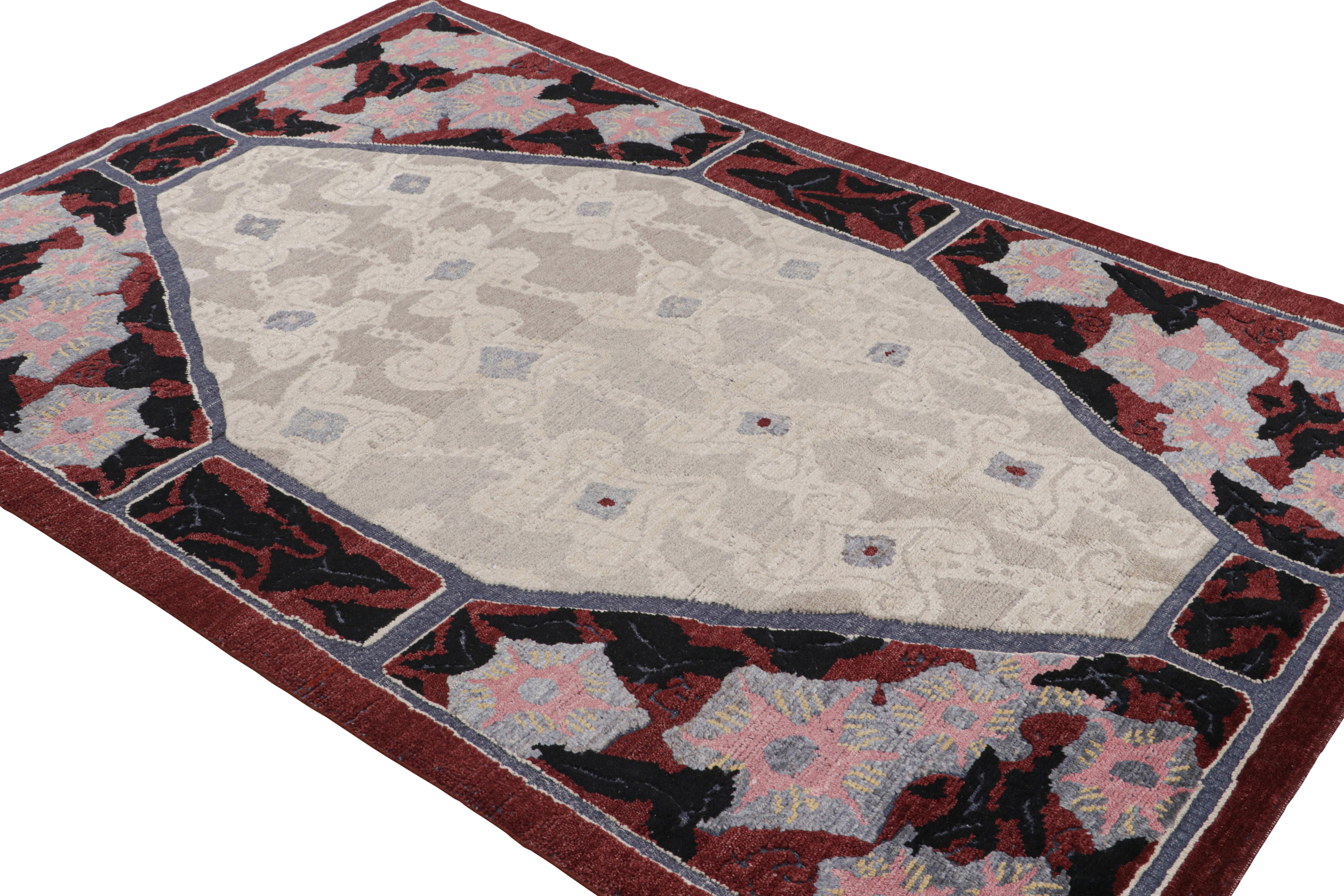 Hand-knotted in wool, this 6x9 French Art Deco rug features an interesting play of red and beige-gray in the all over geometric patterns.
 
On the Design: 

Admirers of the craft will appreciate a subtle refinement in the texture, detail, and