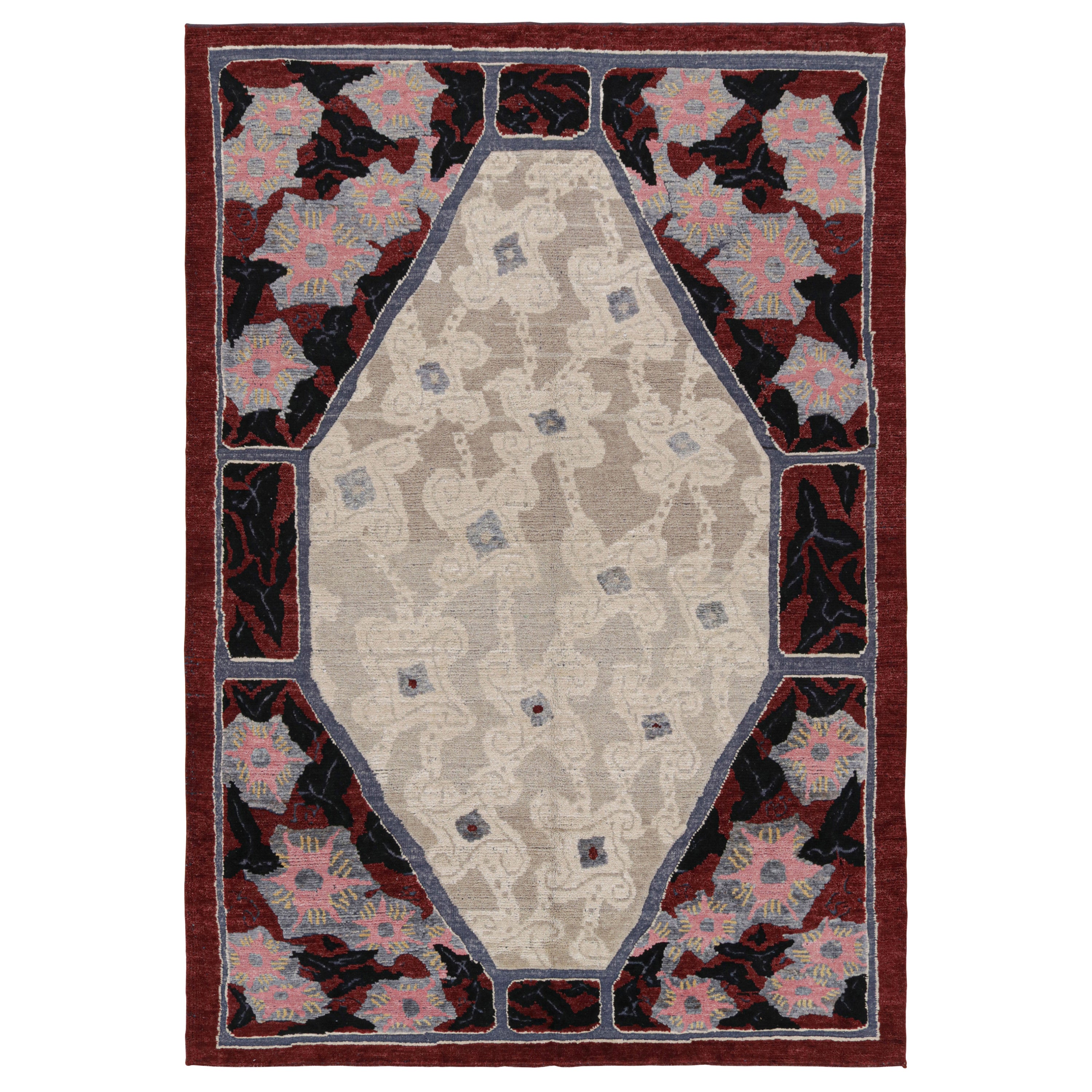 Rug & Kilim's Französischer Art Deco Teppich mit Beige und Roten Geometrischen Mustern