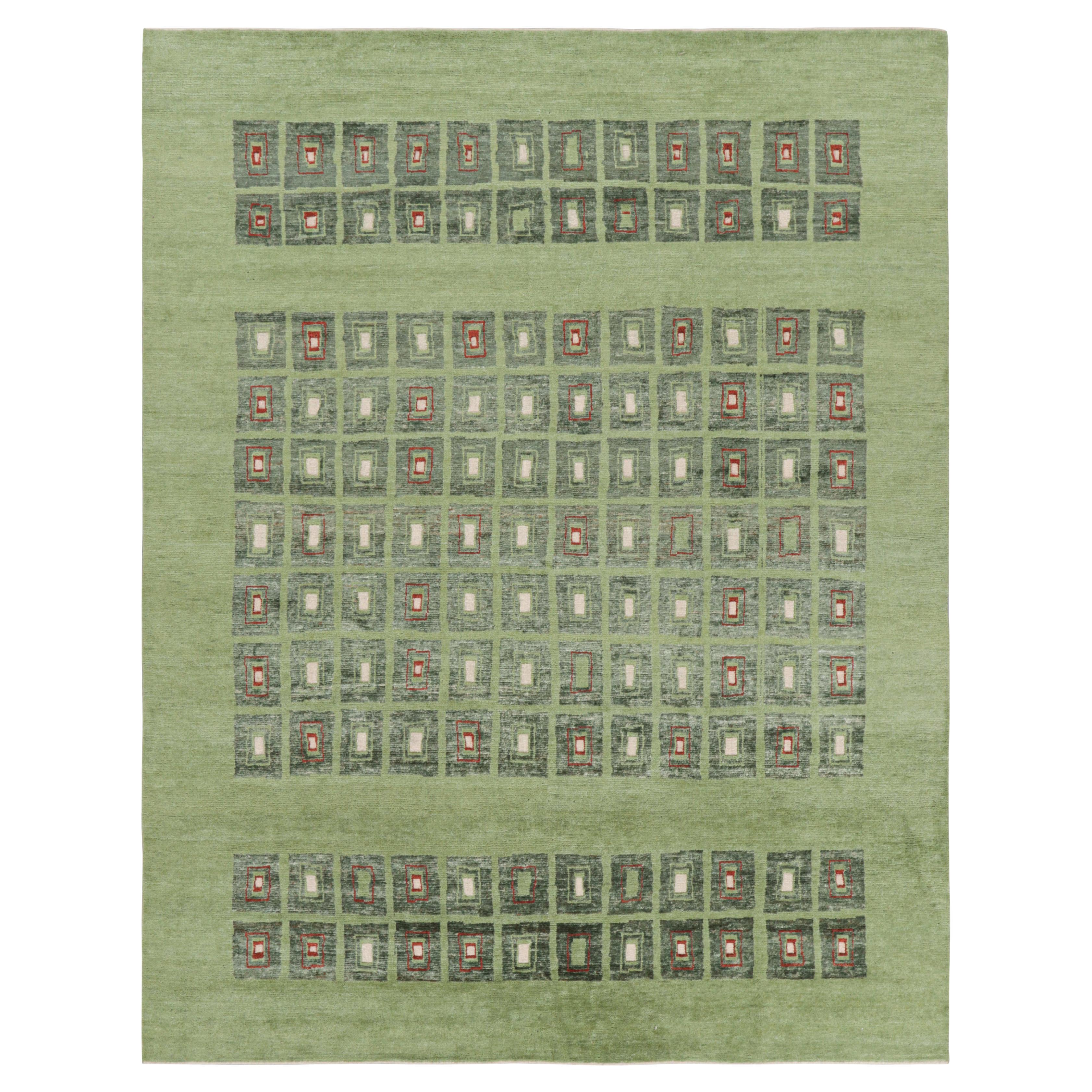 Rug & Kilim’s French Art Deco Style Custom Rug Design in Green Geometric Pattern