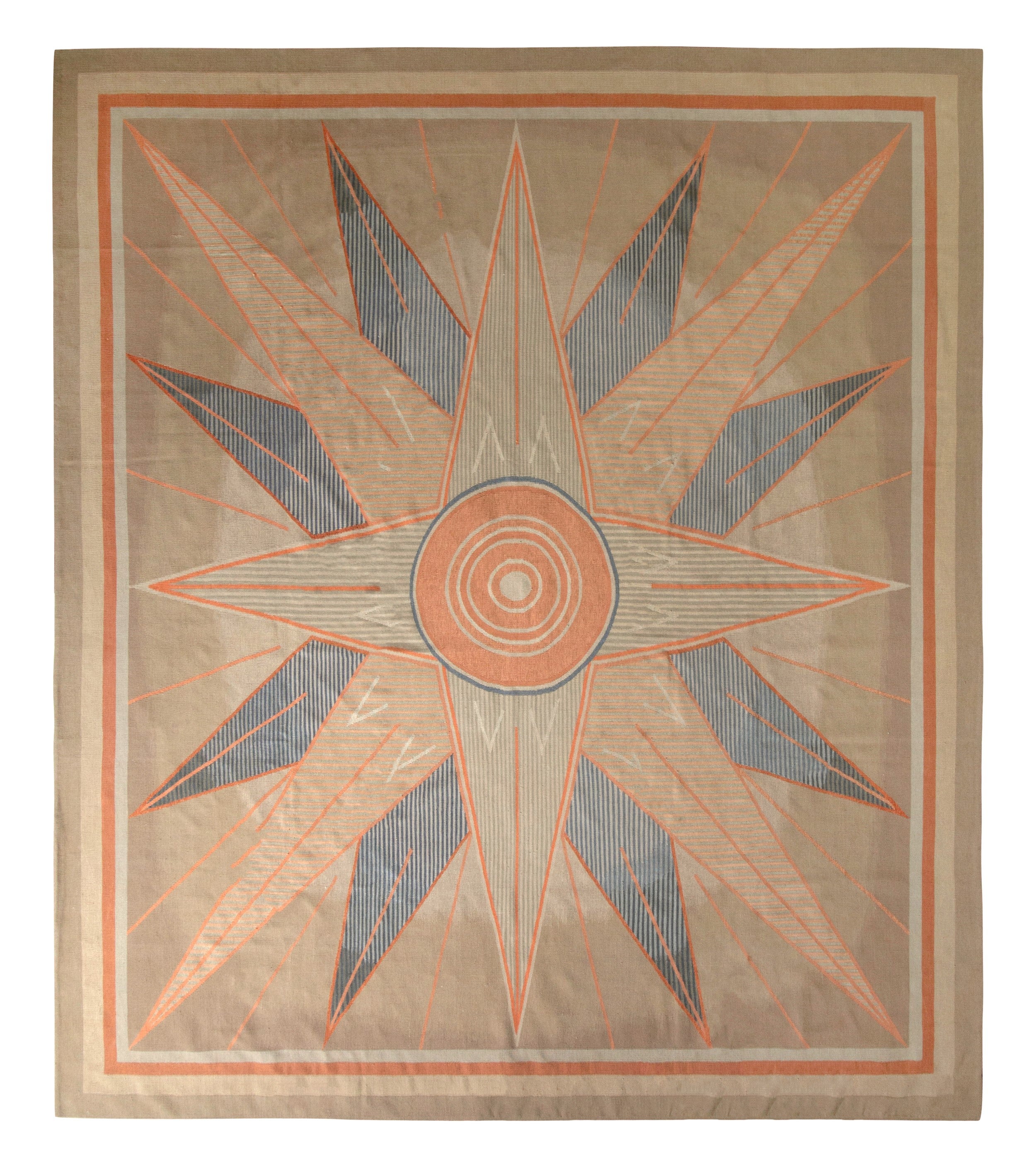 Rug & Kilim’s French Art Deco Style Flat Weave in Beige-Brown and Blue Medallion For Sale