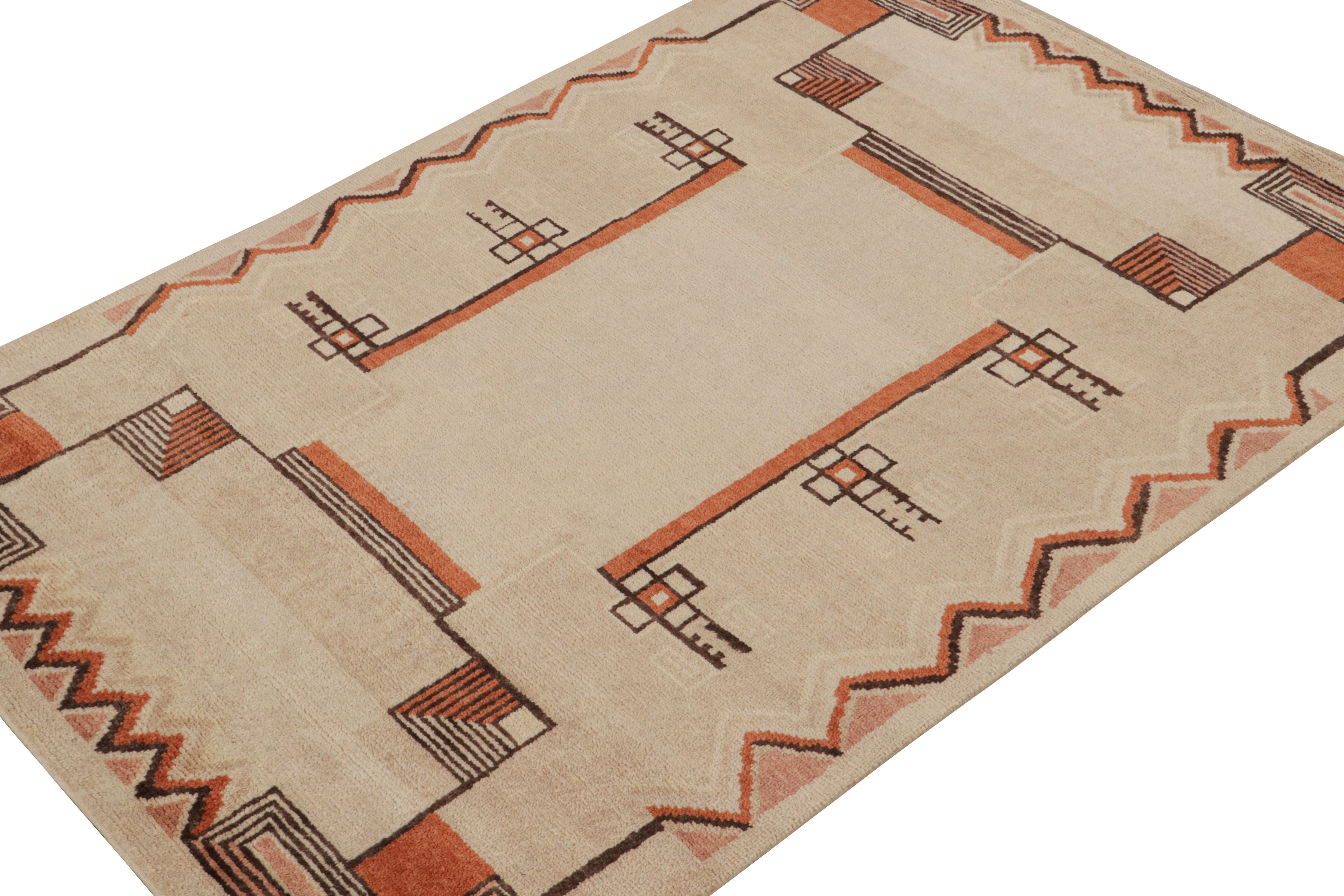 Hand knotted in wool, a 5x7 rug from Rug & Kilim’s Art Deco collection.

On the design:

This piece is a French Art Deco style rug enjoying immaculate geometric patterns in beige, brown & orange. A keen eye will note how the pattern seems to form an