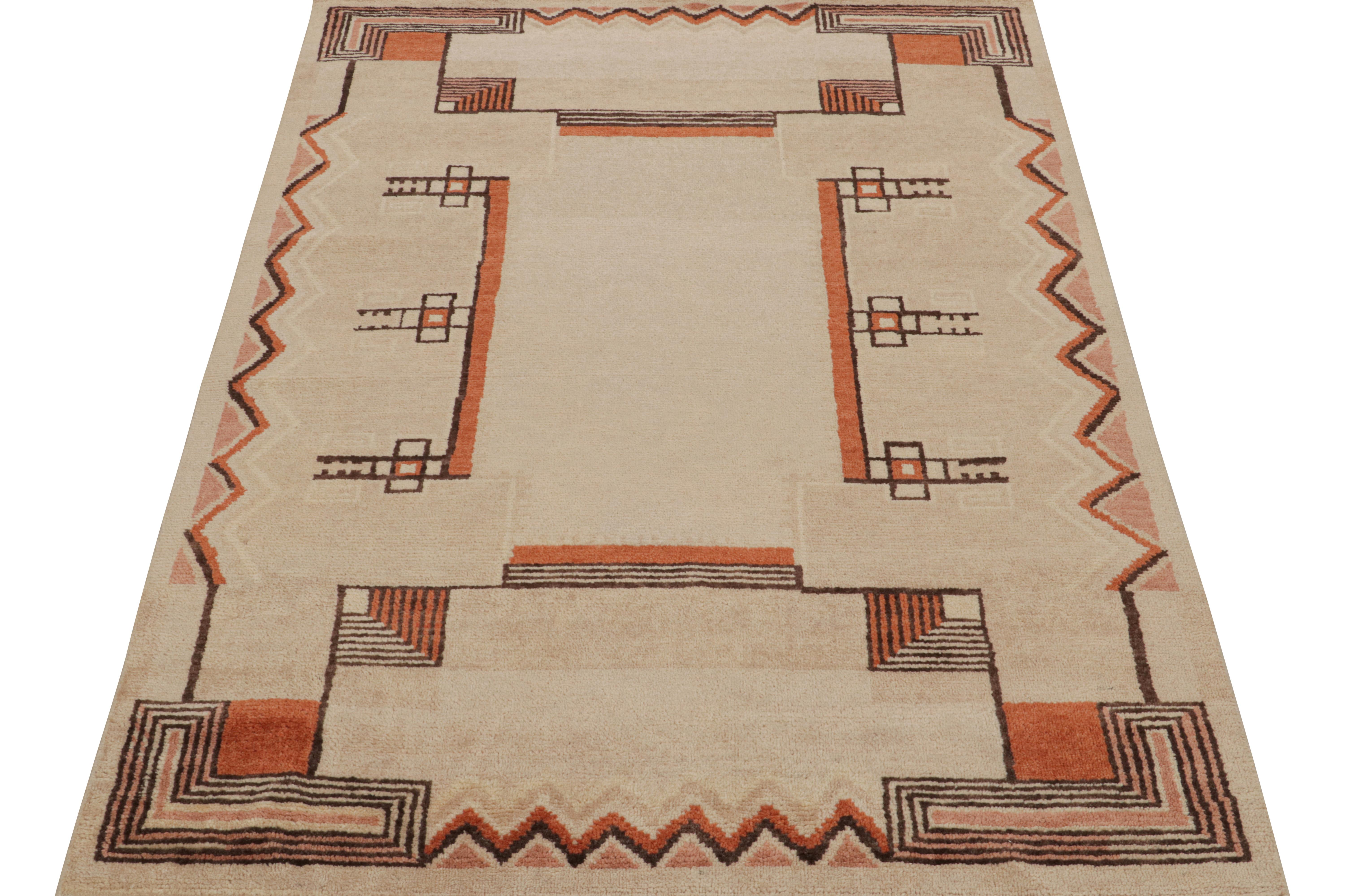 Indian Rug & Kilim’s French Art Deco Style Rug in Beige and Orange Geometric Patterns For Sale
