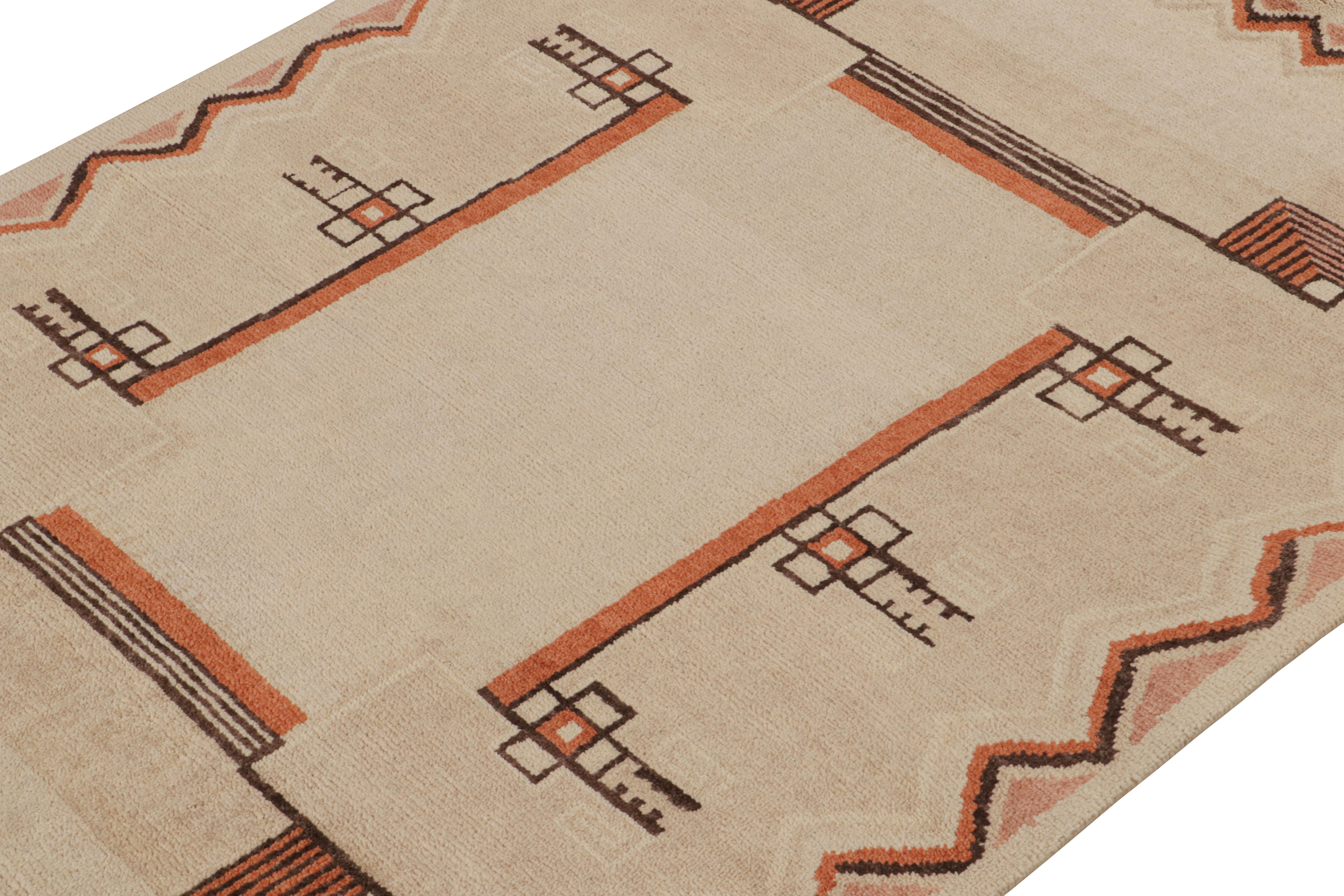 Noué à la main Rug & Kilim's French Art Deco Style Rug in Beige and Orange Geometric Patterns (tapis de style Art déco français à motifs géométriques beige et orange) en vente