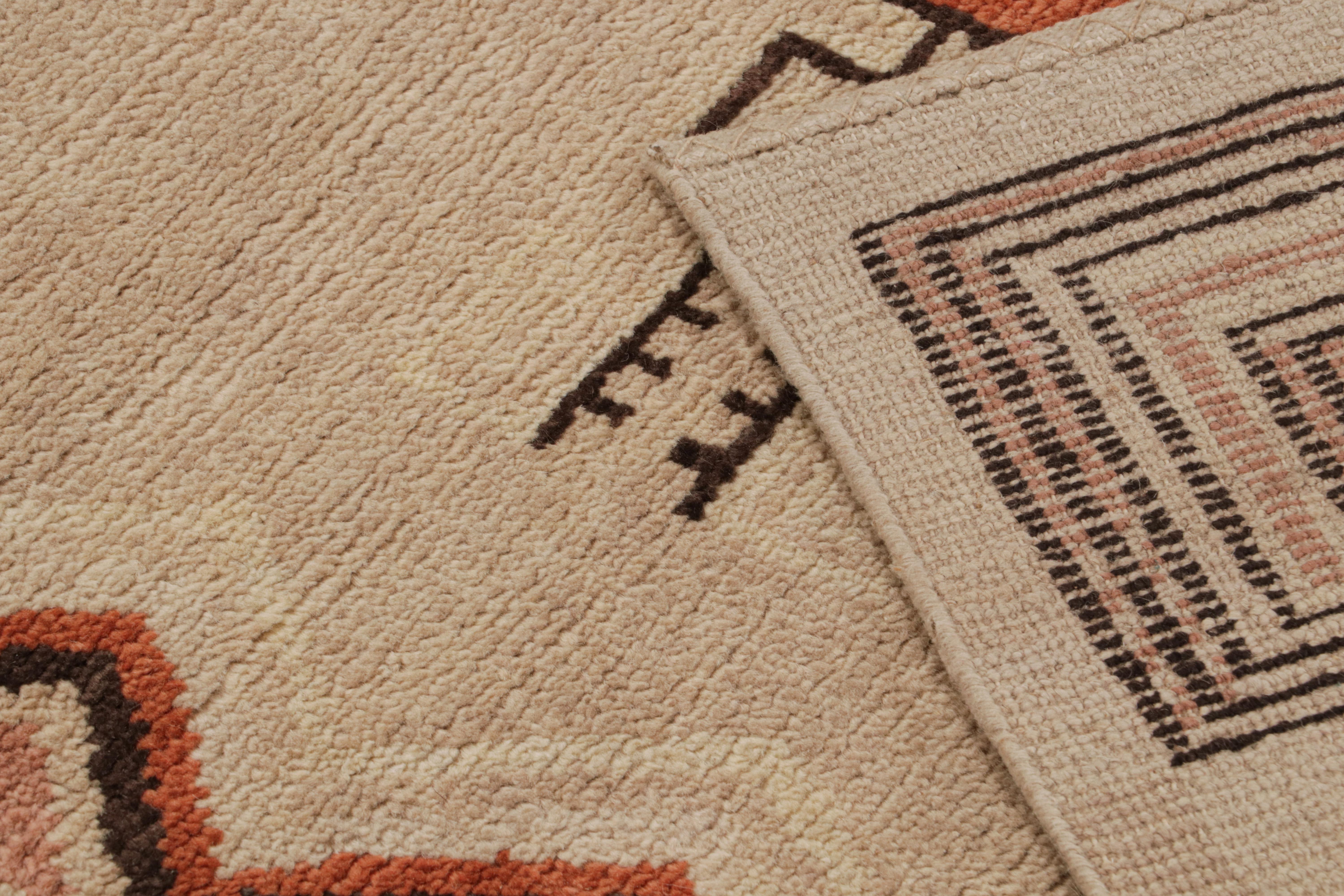 Wool Rug & Kilim’s French Art Deco Style Rug in Beige and Orange Geometric Patterns For Sale