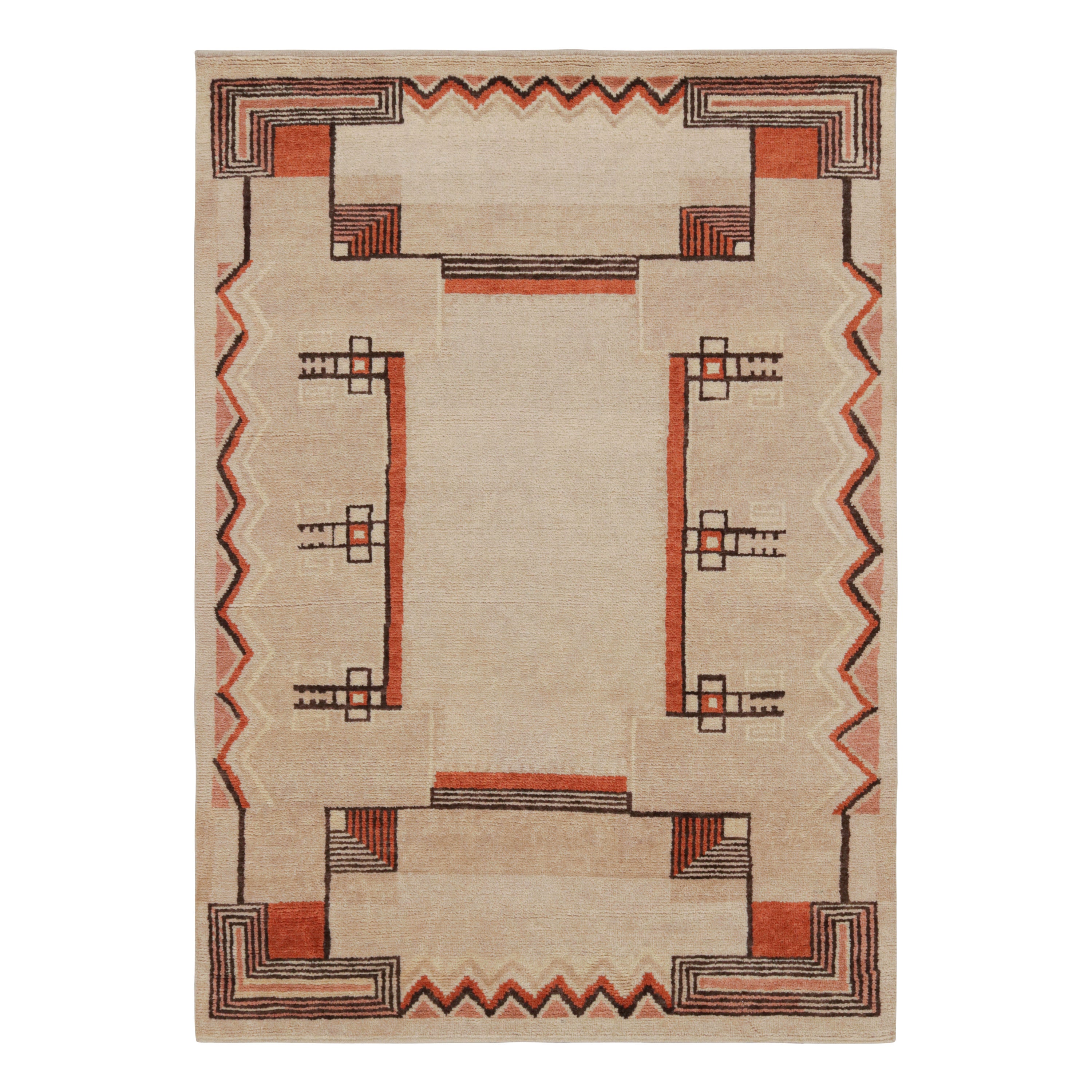 Rug & Kilim’s French Art Deco Style Rug in Beige and Orange Geometric Patterns For Sale
