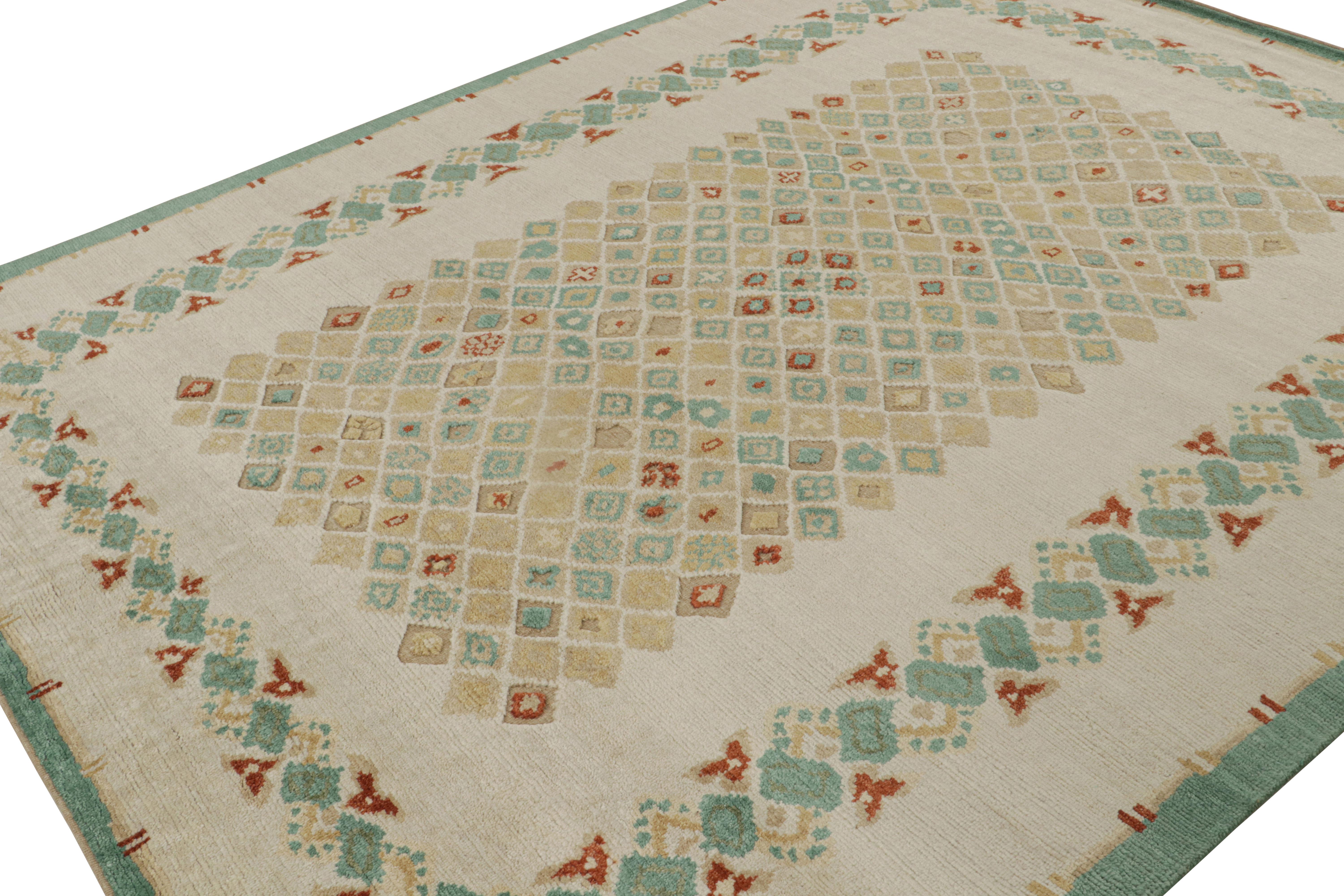 Annodato a mano in lana, questo tappeto moderno 8x10 appartiene alla collezione French Art Deco Rug & Kilim, una rivisitazione contemporanea di pezzi d'epoca della Francia degli anni Venti.

Sul design: 

Il tappeto presenta un campo aperto e motivi